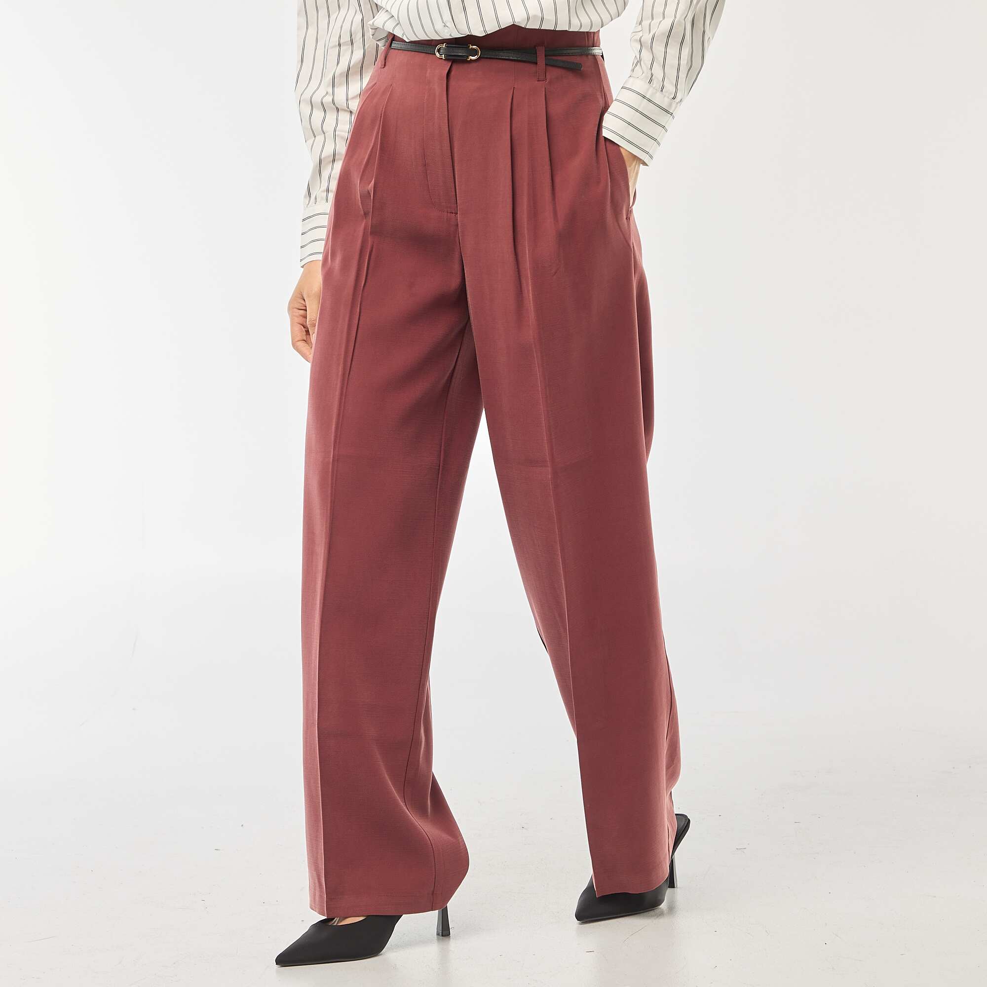 Pleated Pants with Built-In Belt RED - Image 4