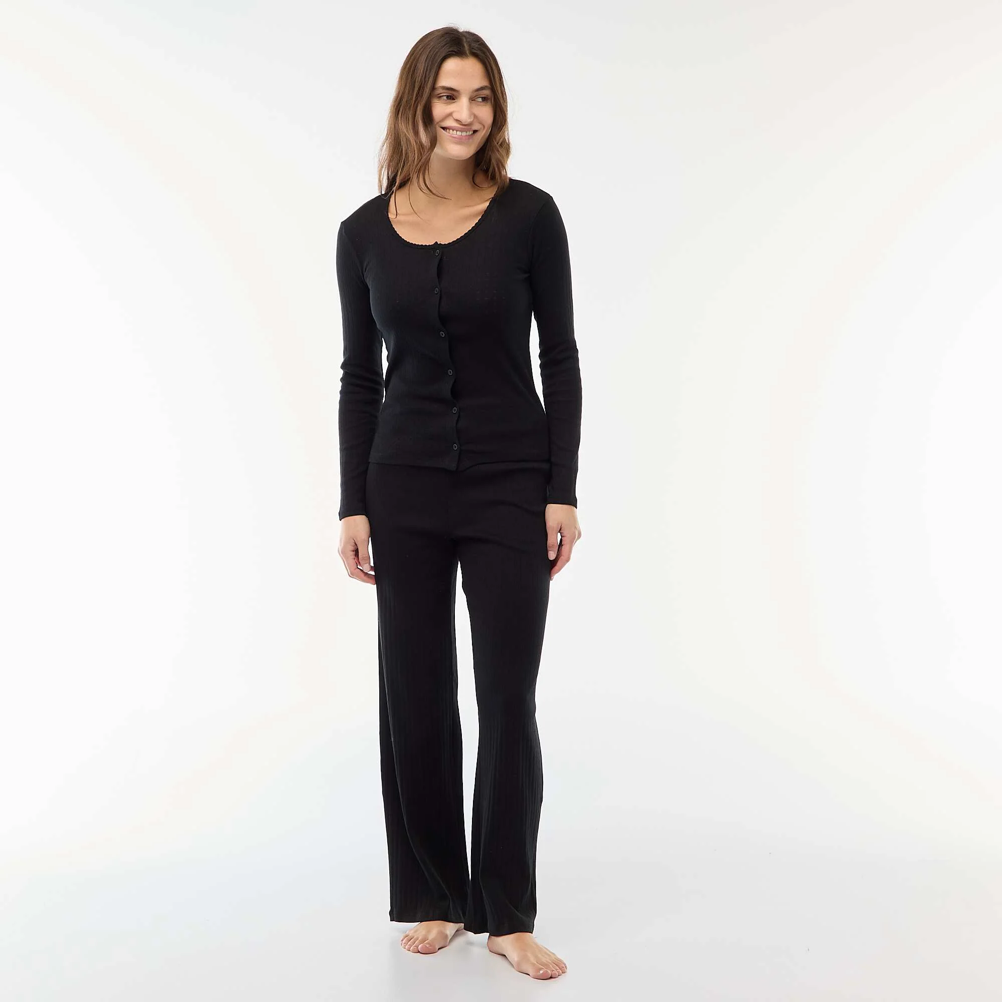 Pointelle Knit Long Pajama Set - 2 Piece BLACK