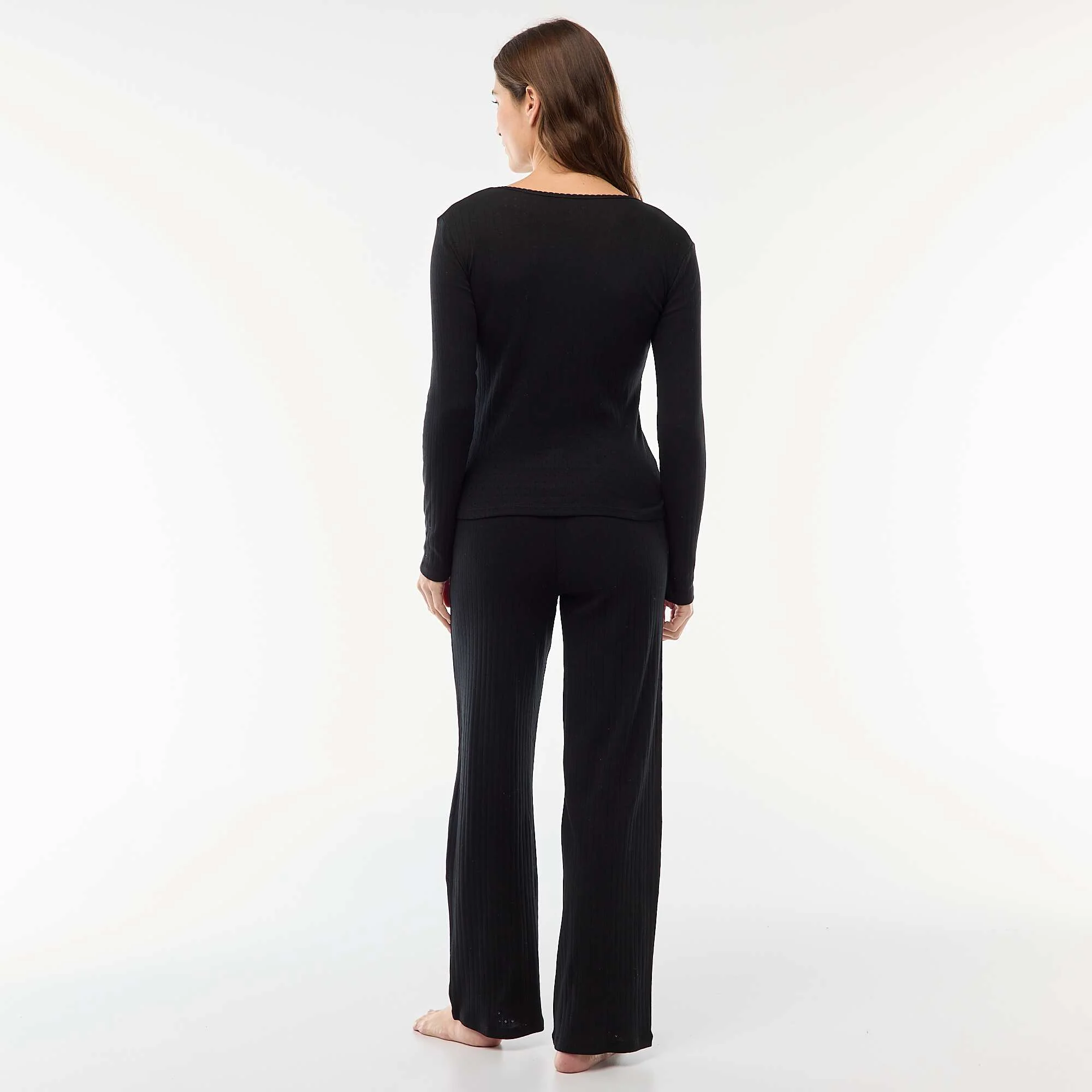 Pointelle Knit Long Pajama Set - 2 Piece BLACK - Image 3