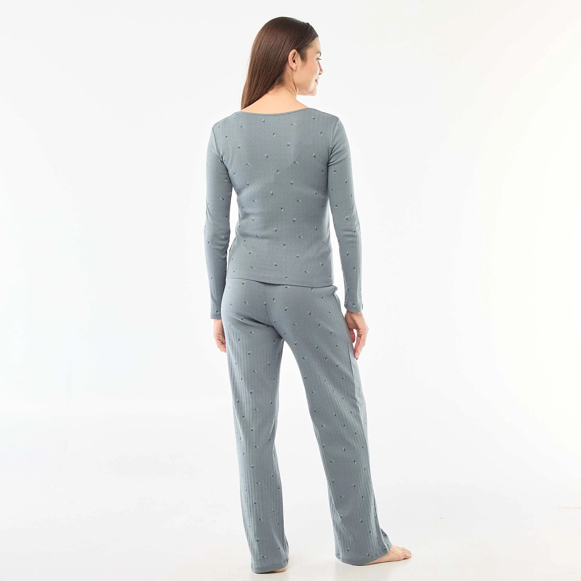 Pointelle Knit Long Pajama Set - 2 pieces BLUE - Image 3