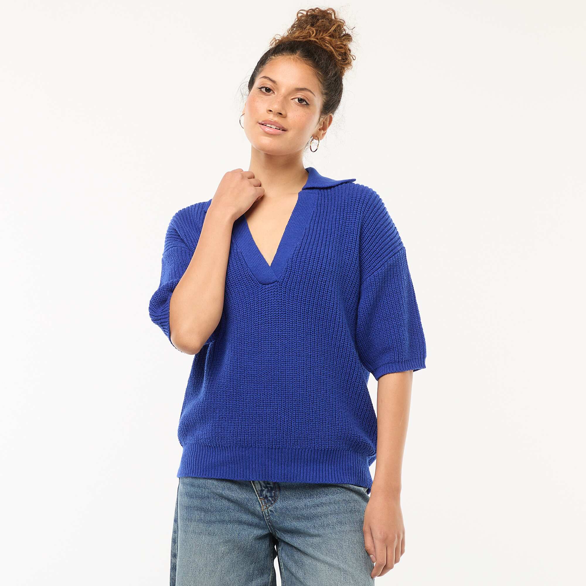 Polo-Style Sweater with V-Neck BLUE - Image 4