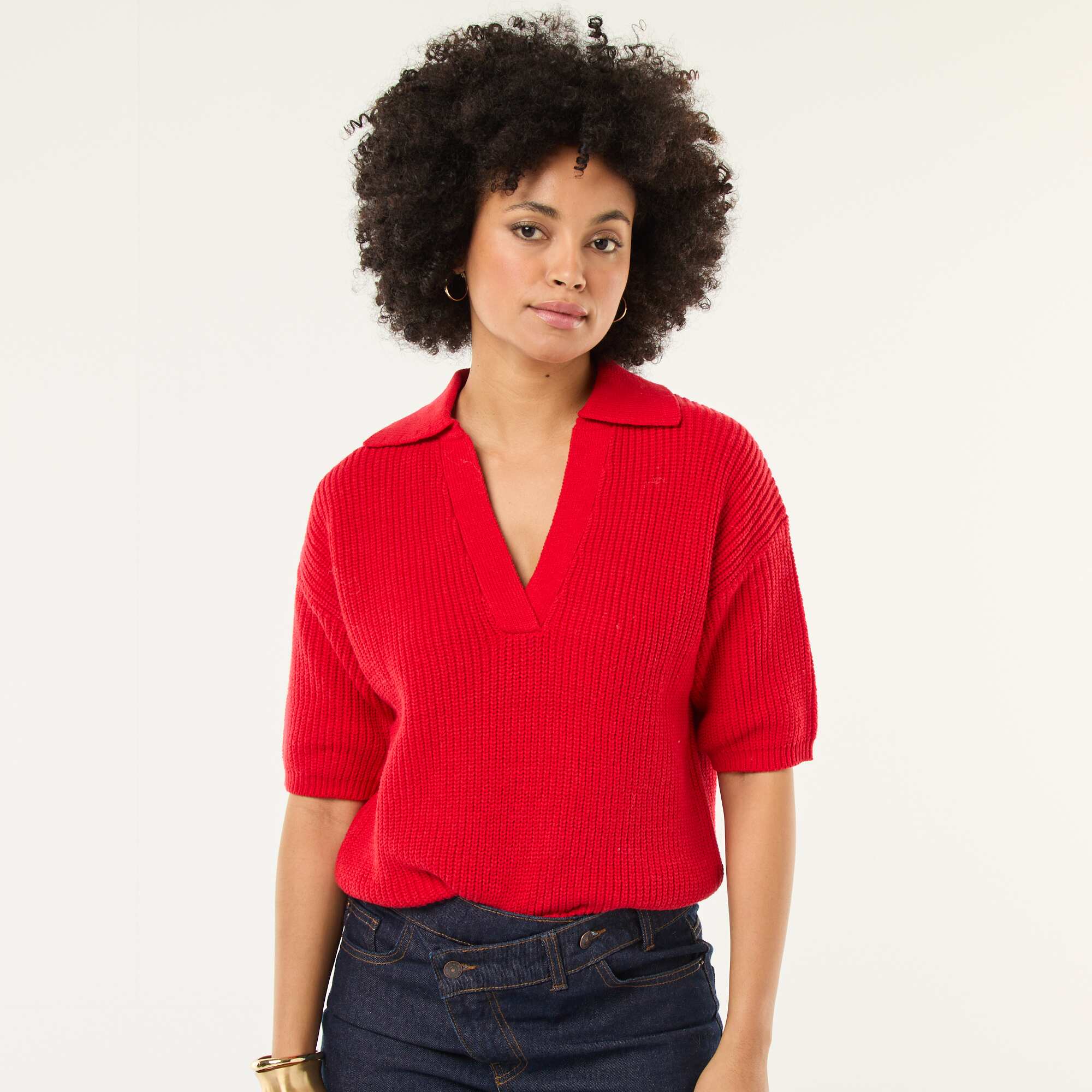 Polo-style sweater with V-neck RED