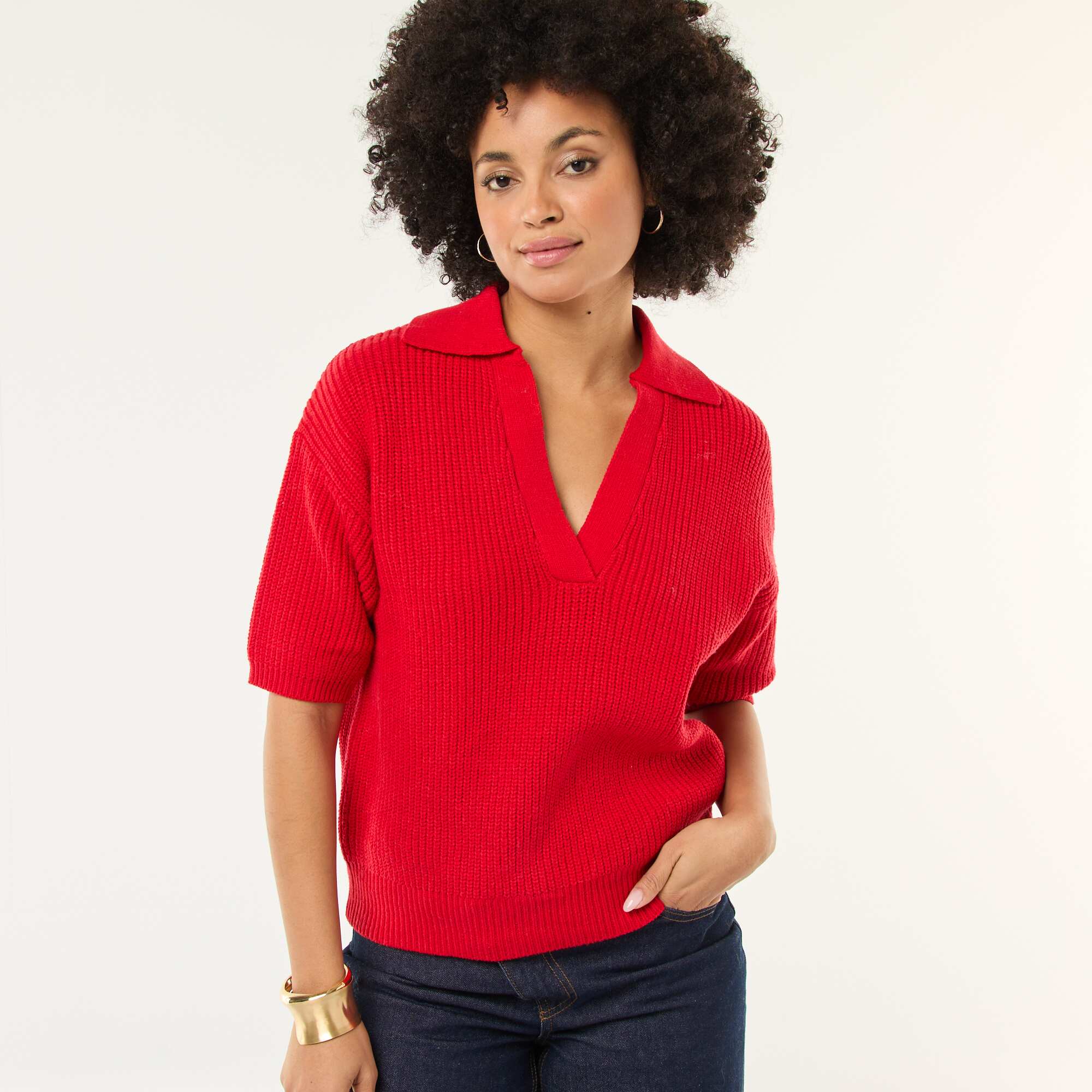 Polo-style sweater with V-neck RED - Image 3