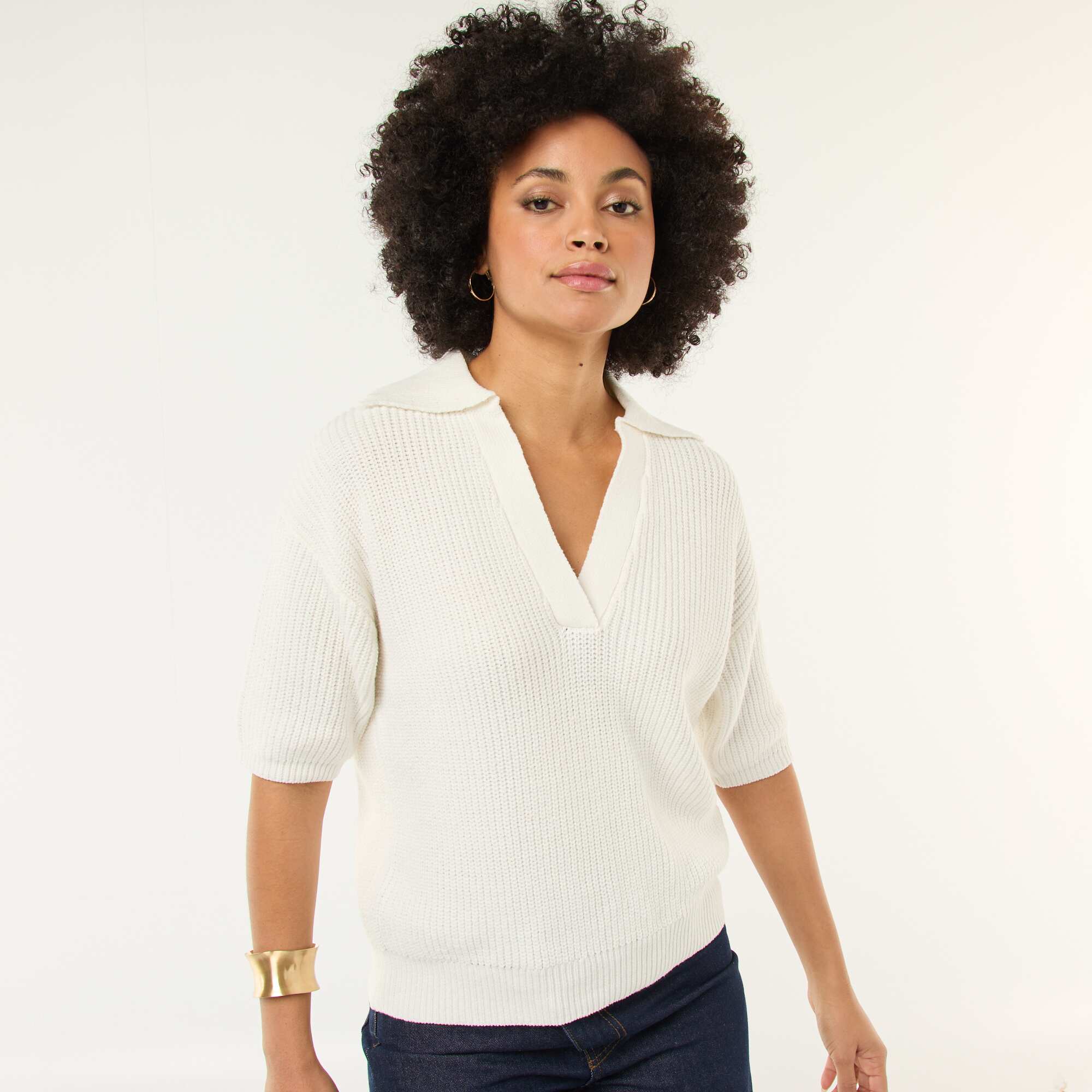 Polo-Style Sweater with V-Neck WHITE - Image 3