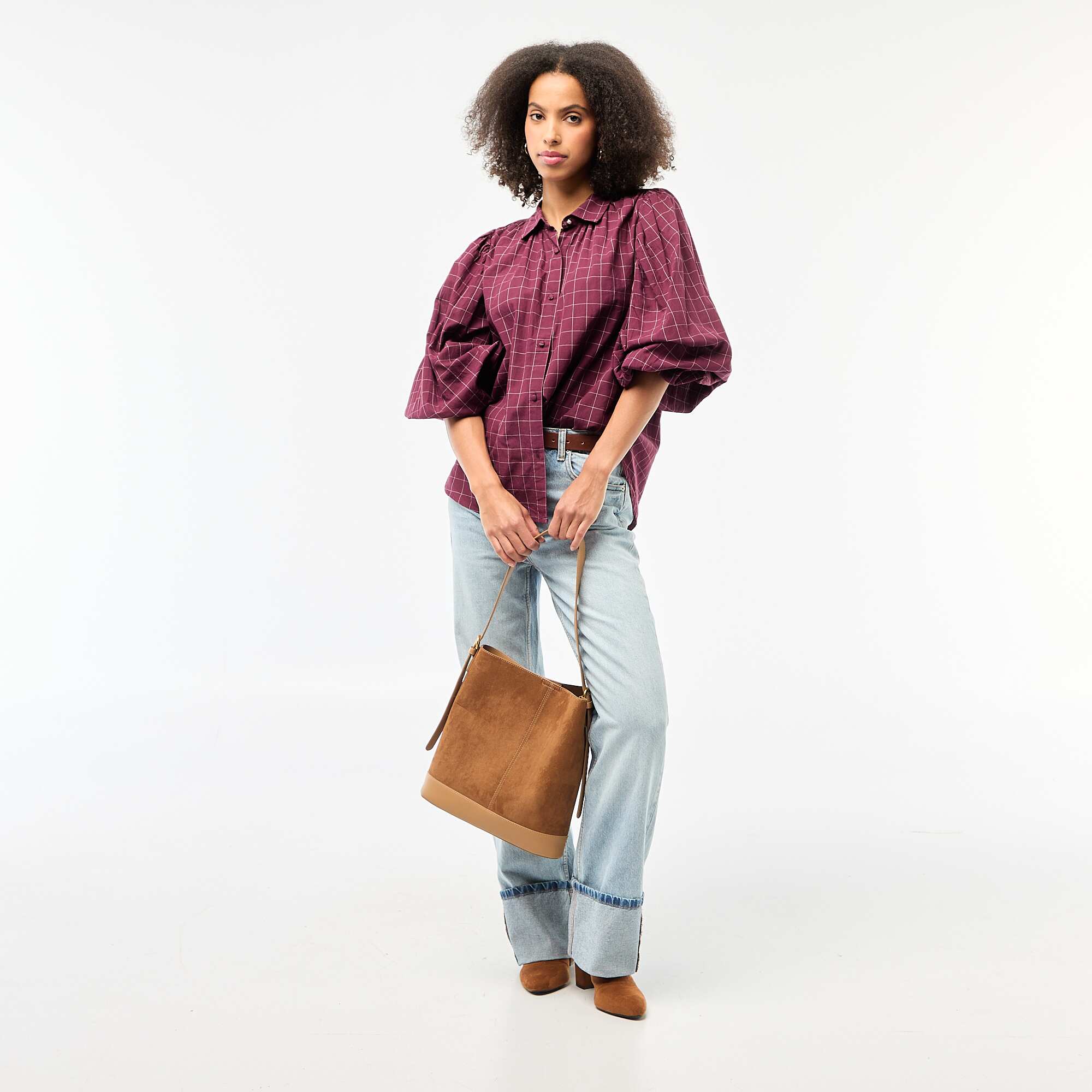 Printed Checkered Flowy Blouse RED - Image 2