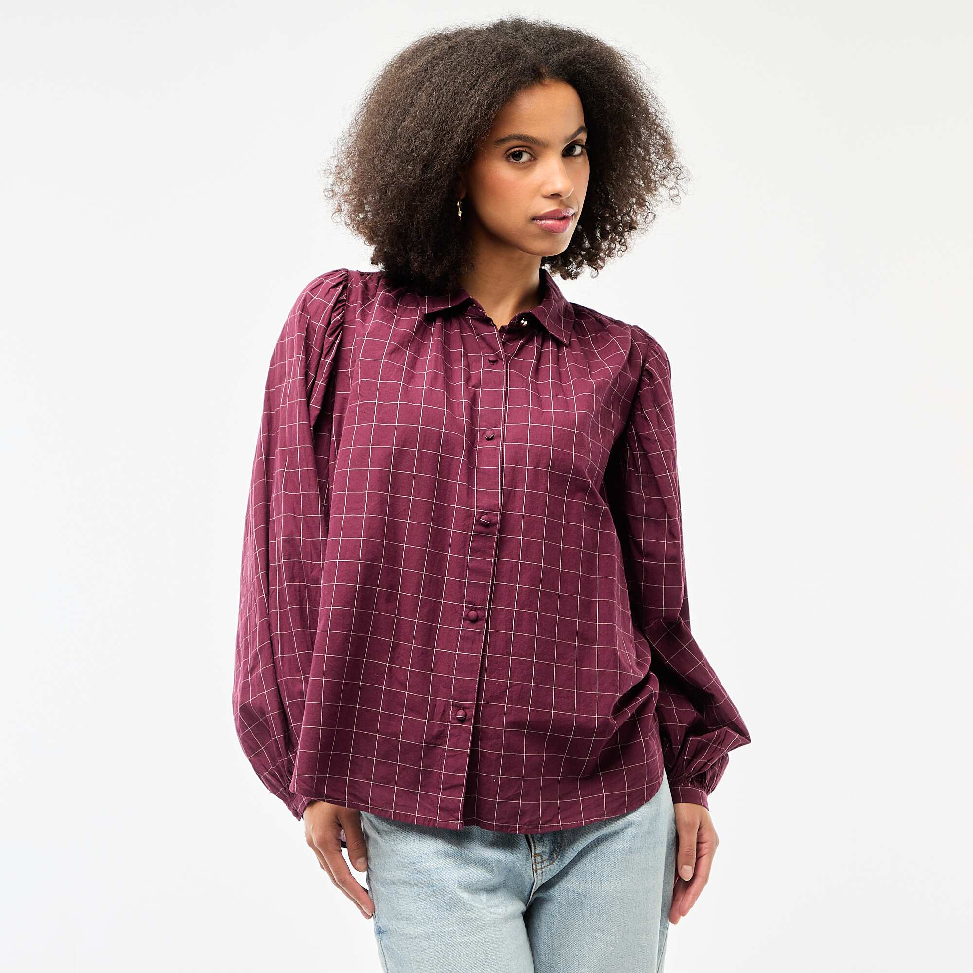 Printed Checkered Flowy Blouse RED - Image 3