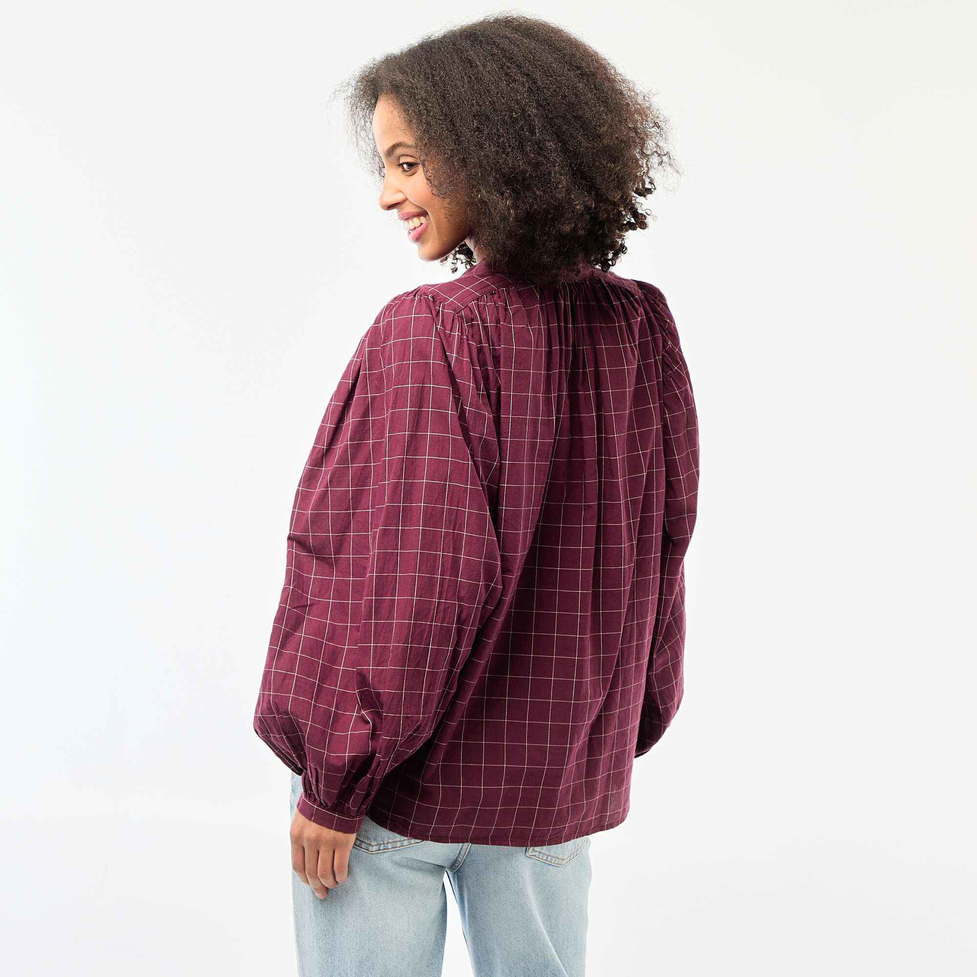 Printed Checkered Flowy Blouse RED - Image 4