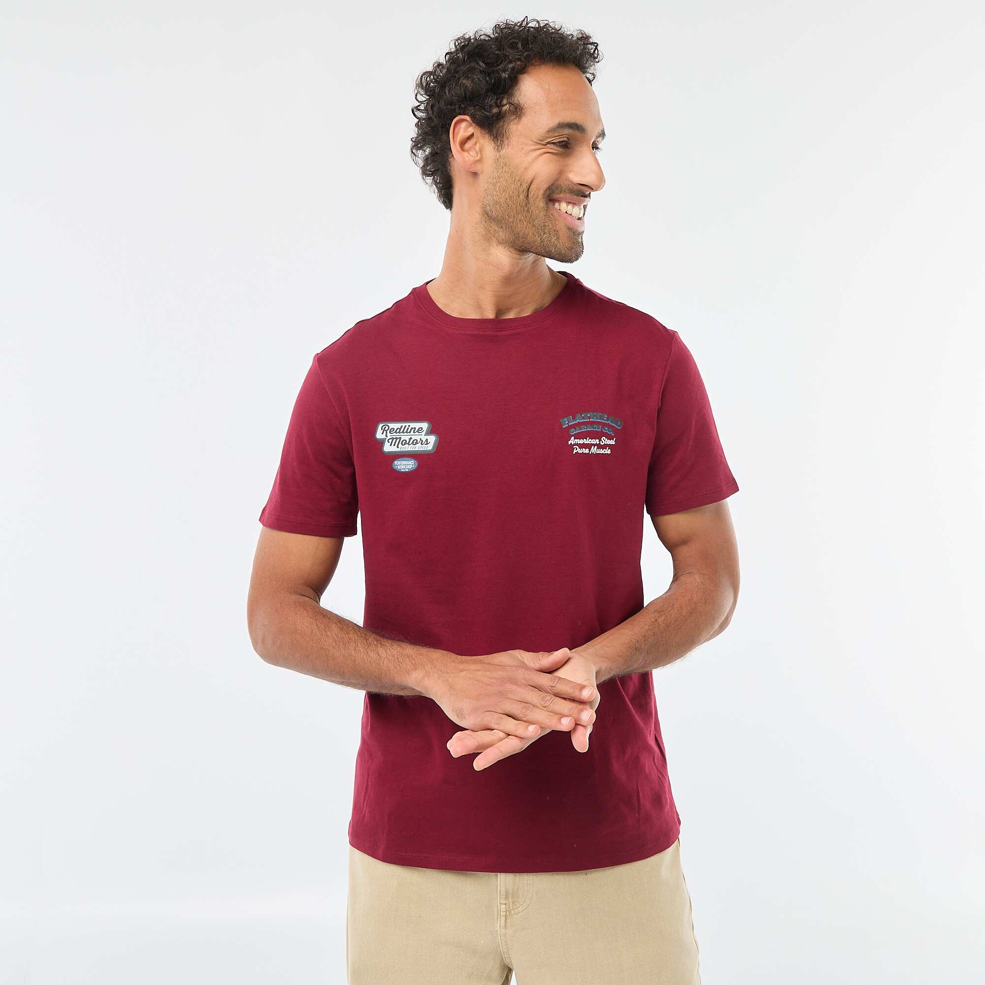 Printed Crew Neck Short Sleeve T-Shirt RED - Image 3