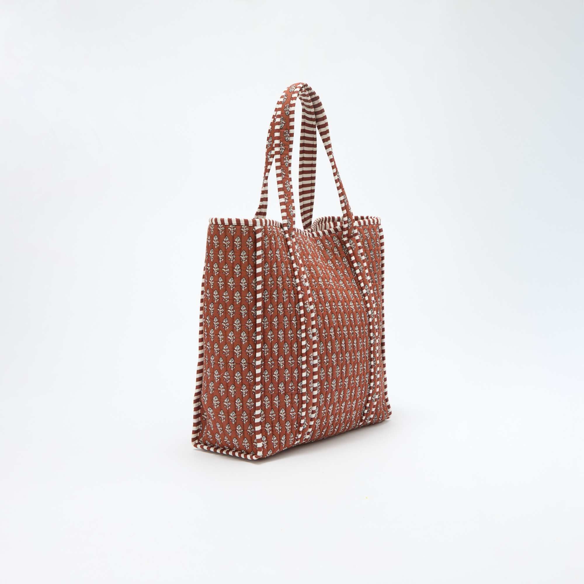 Quilted Shopper Bag with Indian-Inspired Print BEIGE - Image 3