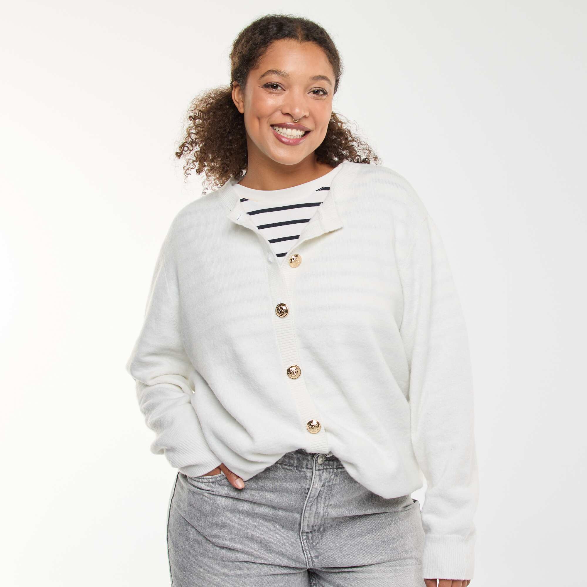 Retro Buttoned Marled Knit Cardigan WHITE