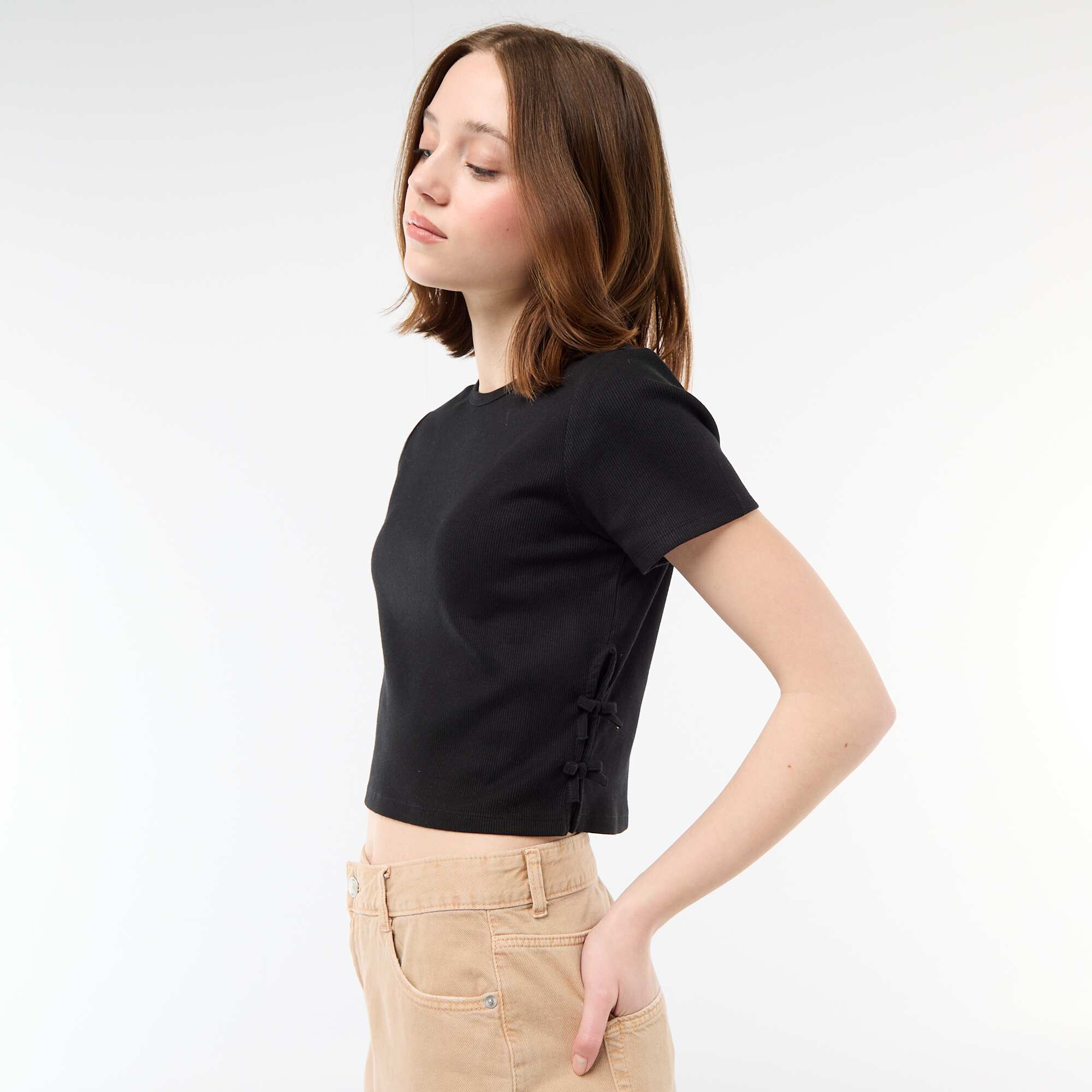 Ribbed Cropped T-shirt with Knots BLACK - Image 3