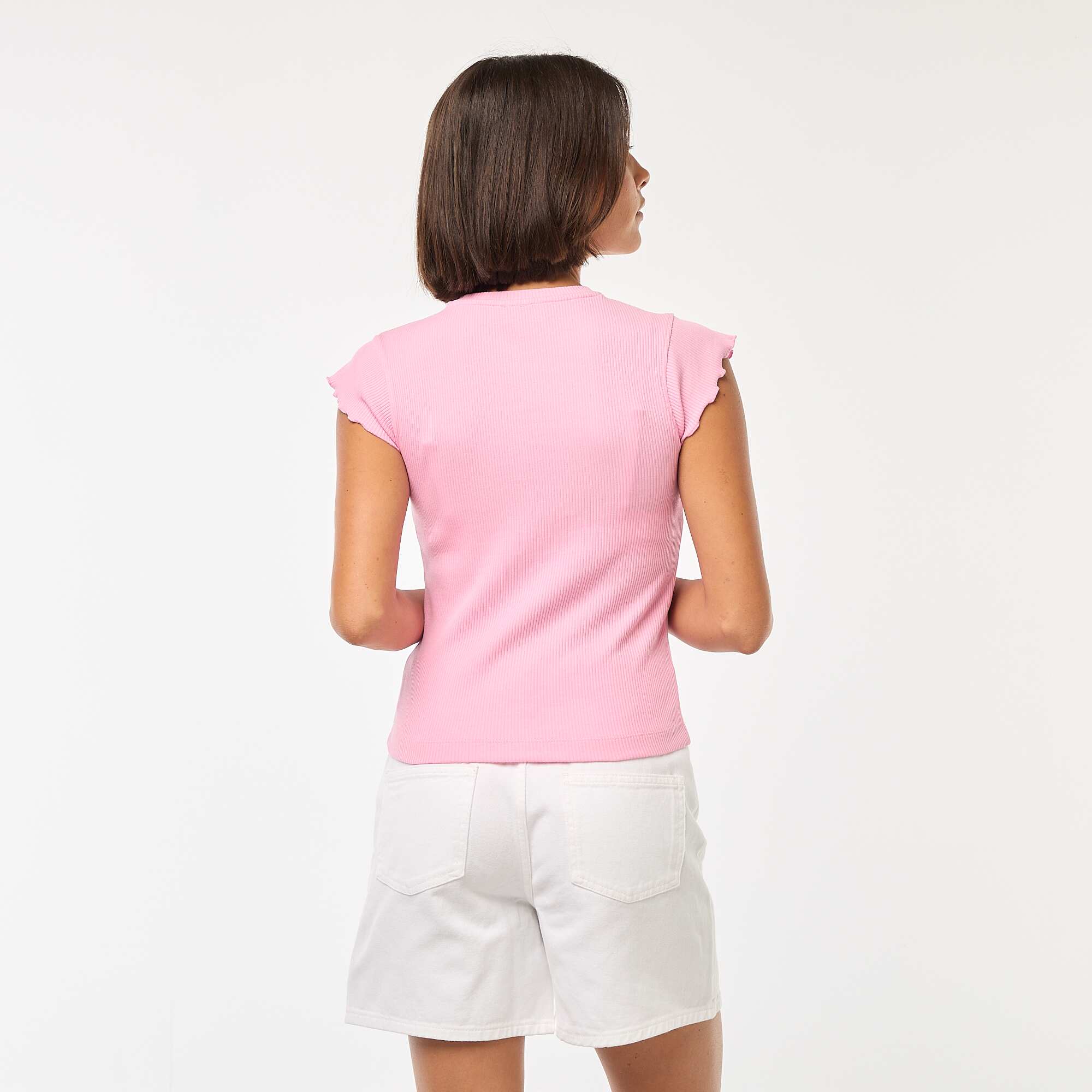 Ribbed T-shirt with flounced sleeves PINK - Image 4