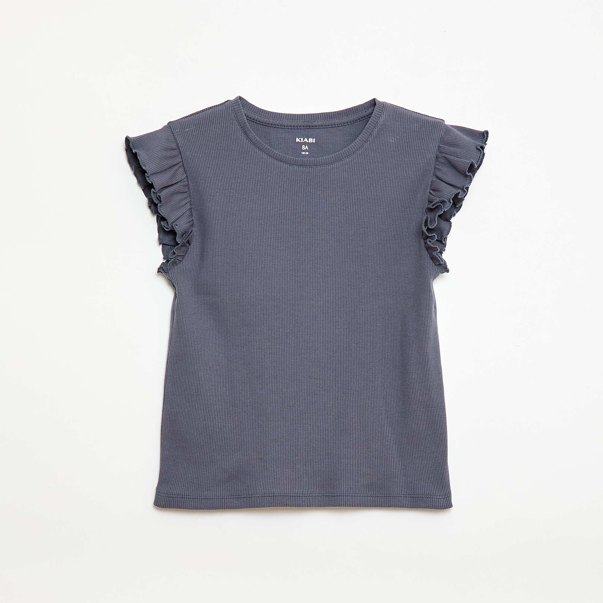Ribbed T-shirt with Flutter Sleeves GREY - Image 2