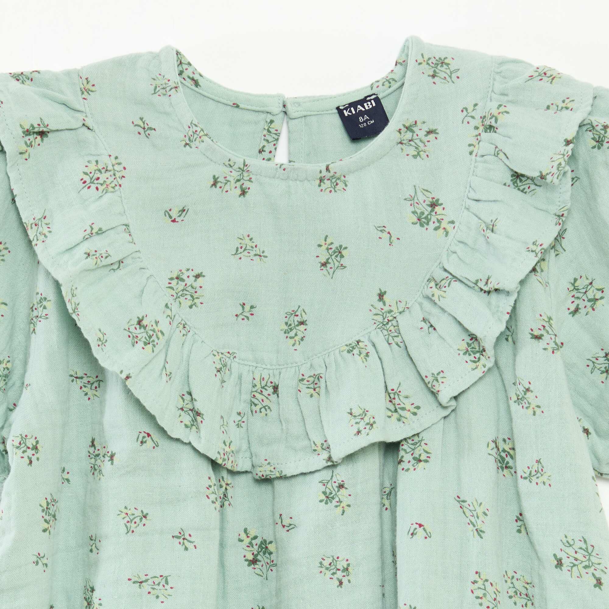 Round Neck Blouse with Ruffled Bib GREEN - Image 3