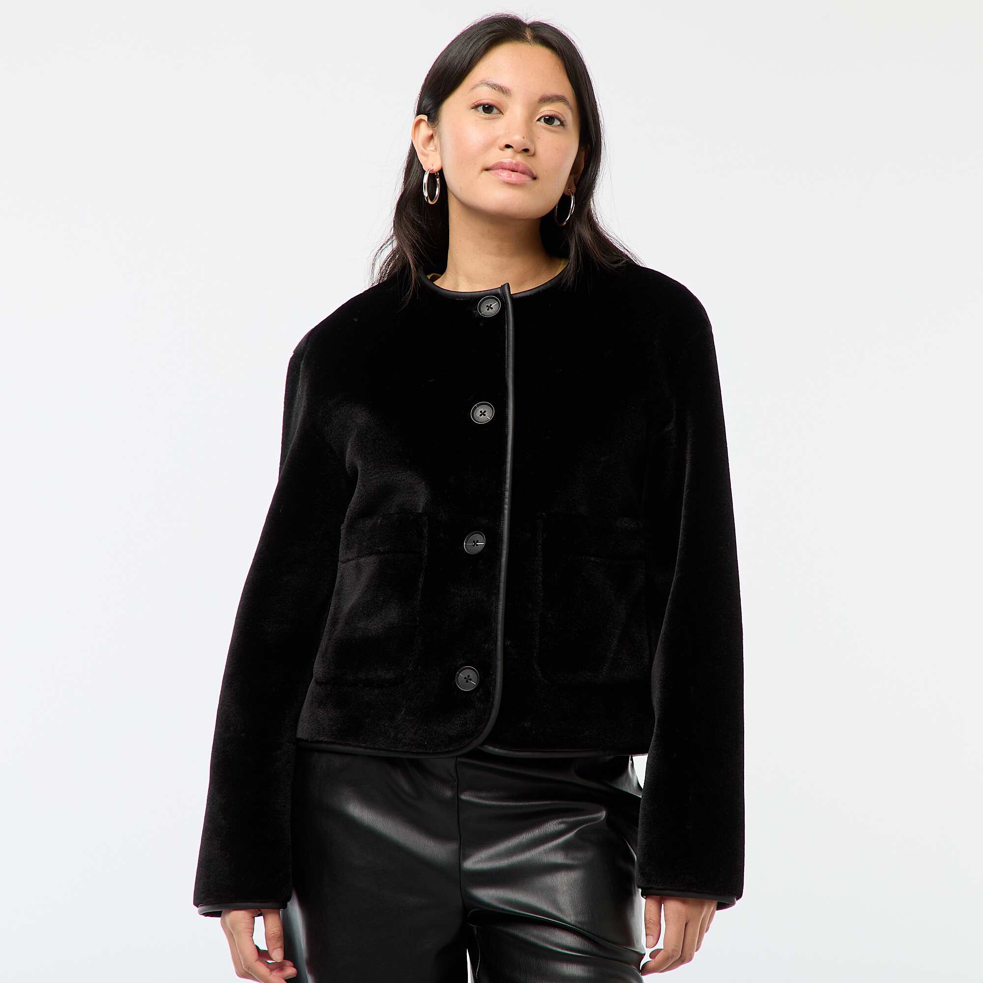 Round Neck Faux Shearling Jacket BLACK - Image 3