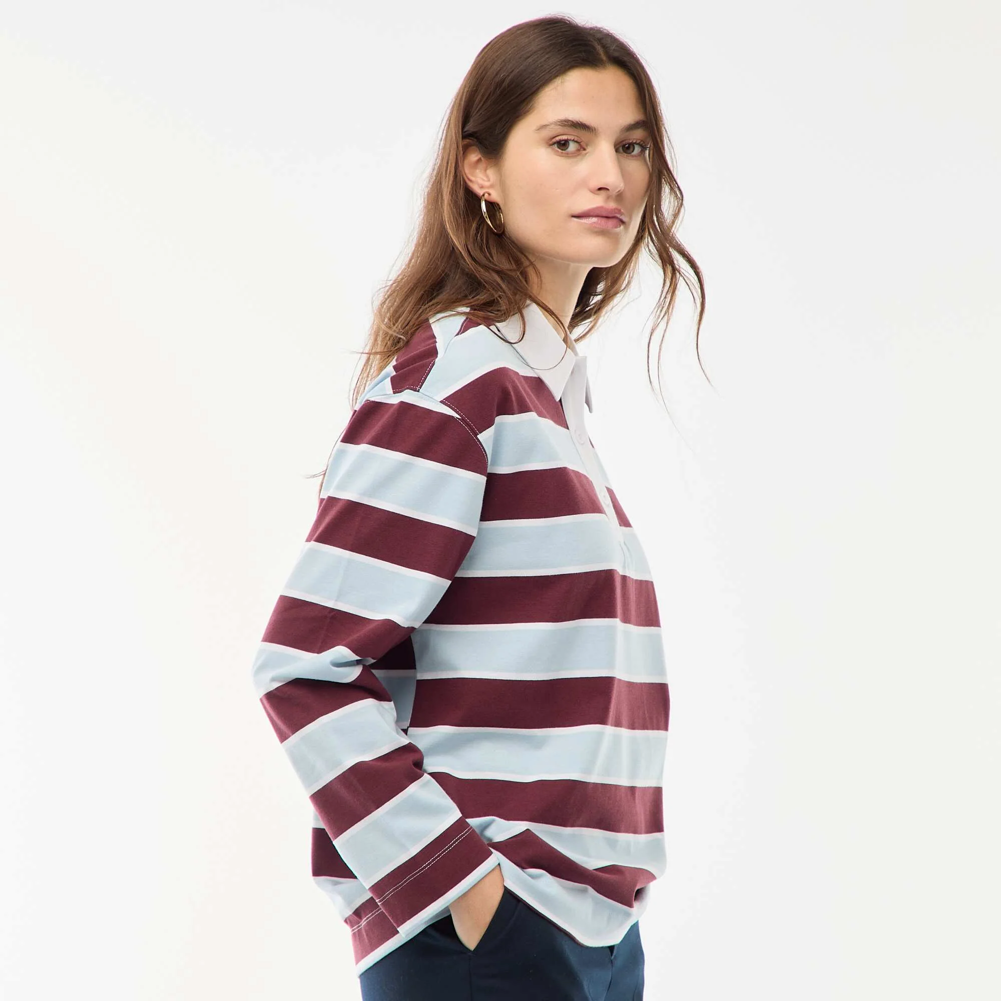 Rugby-Style Long Sleeve Polo Shirt BLUE - Image 3