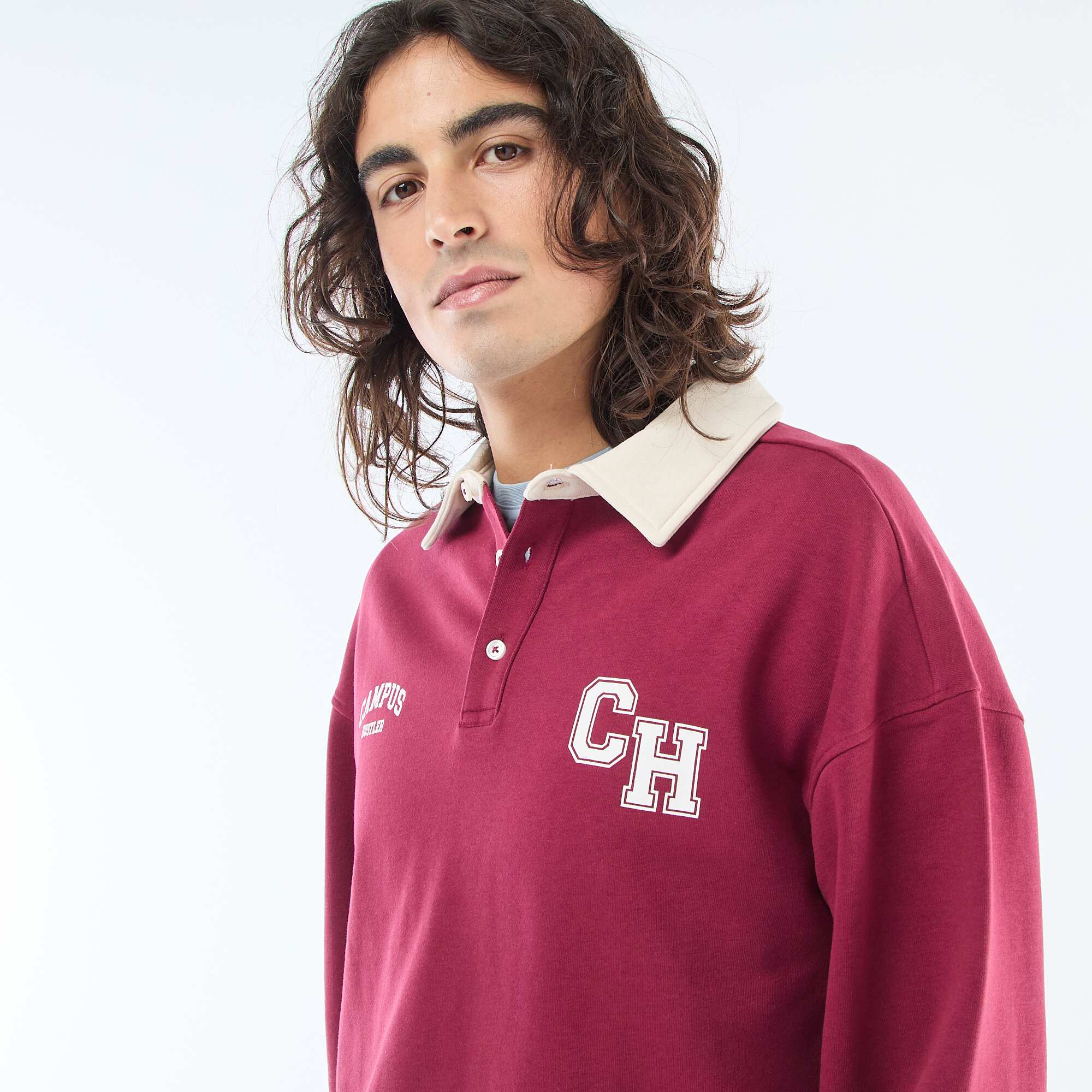 Rugby-Style Long Sleeve Polo Shirt RED - Image 6