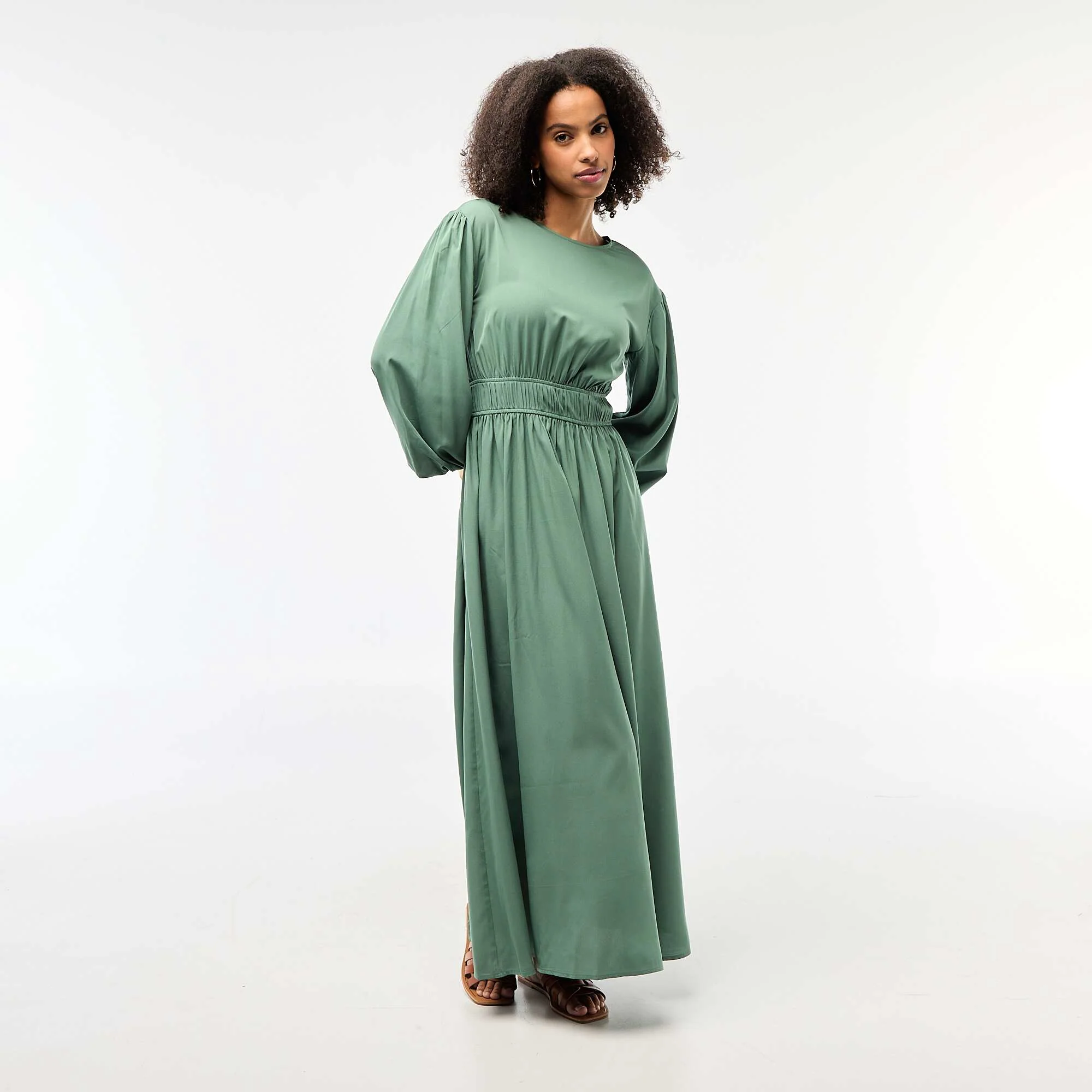 Satin Balloon Sleeve Maxi Dress GREEN