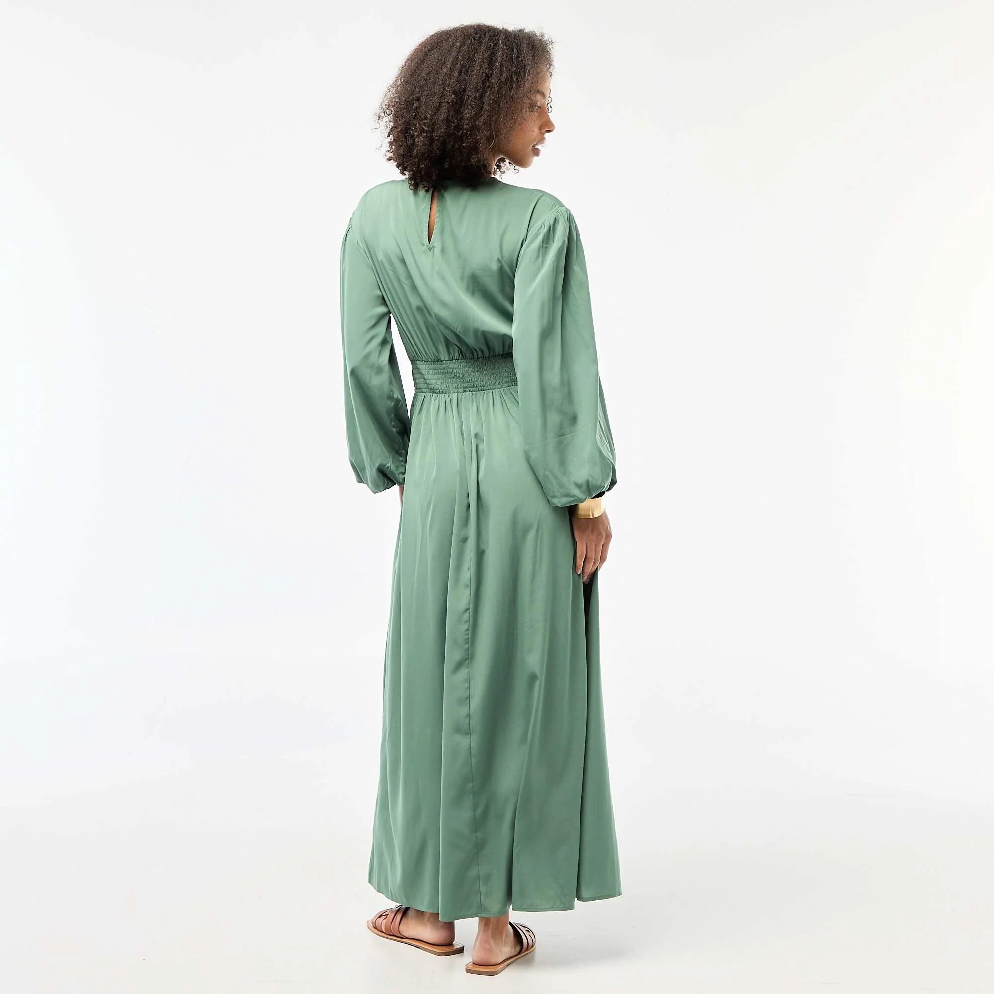 Satin Balloon Sleeve Maxi Dress GREEN - Image 2