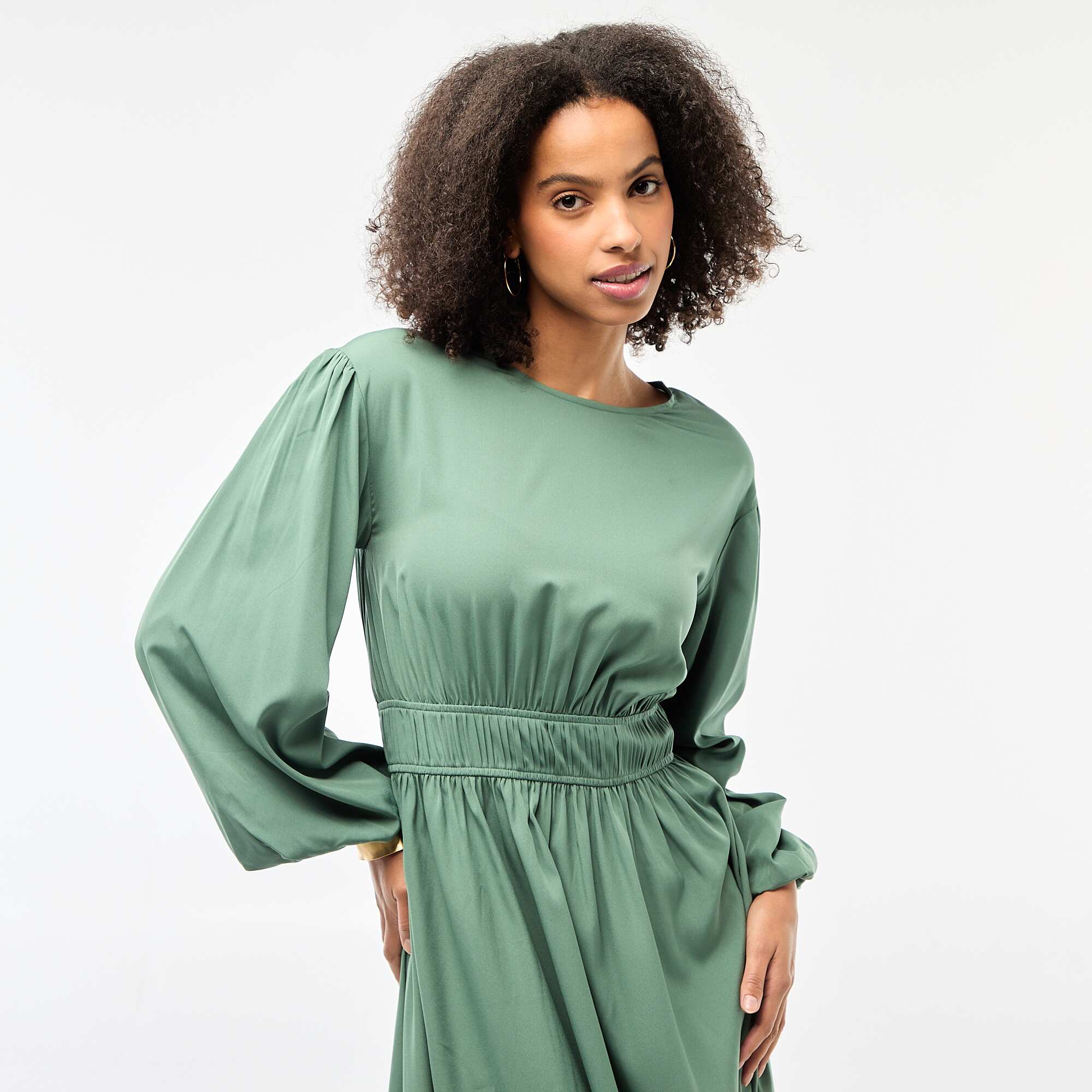 Satin Balloon Sleeve Maxi Dress GREEN - Image 3