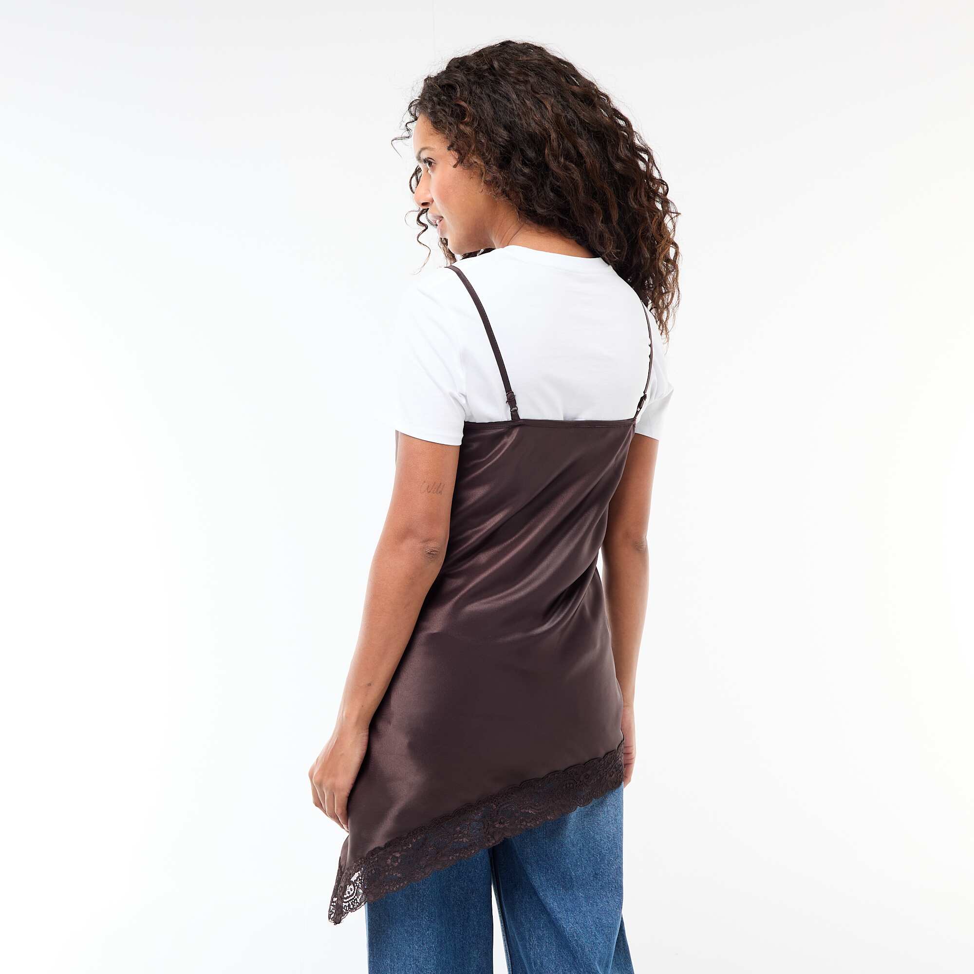 Satin Nightdress with Lace Trim BROWN - Image 3