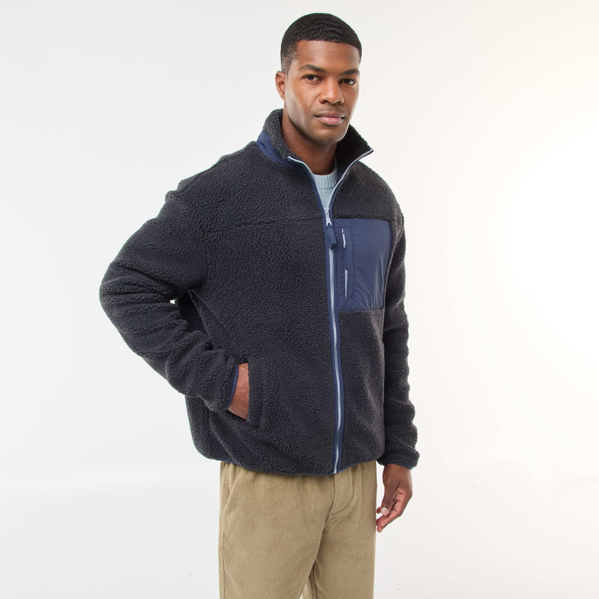 Sherpa Effect Zip-Up Sweatshirt BLACK - Image 3