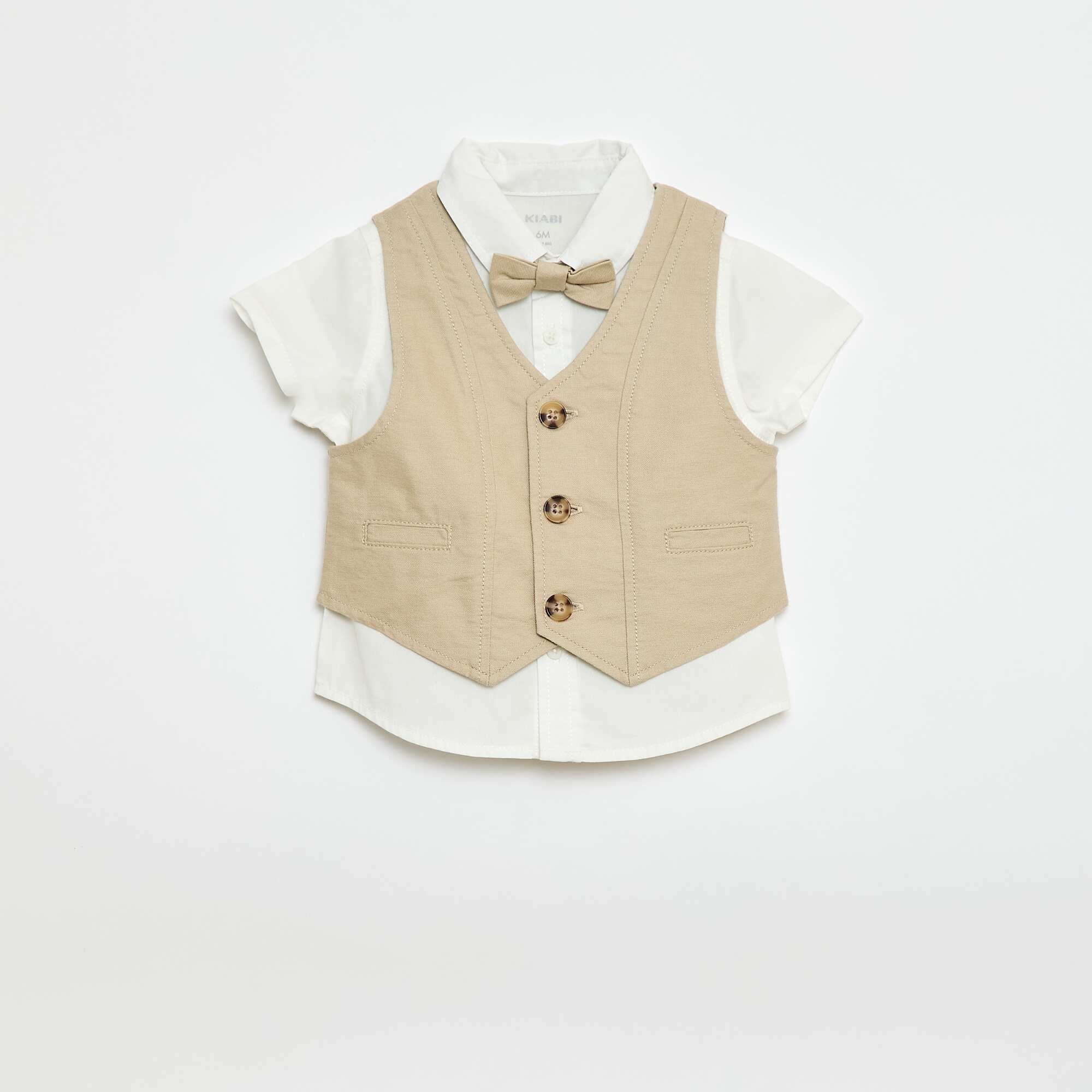 Shirt + Sleeveless Vest + Shorts + Bow Tie Set - 4 Pieces BEIGE - Image 2