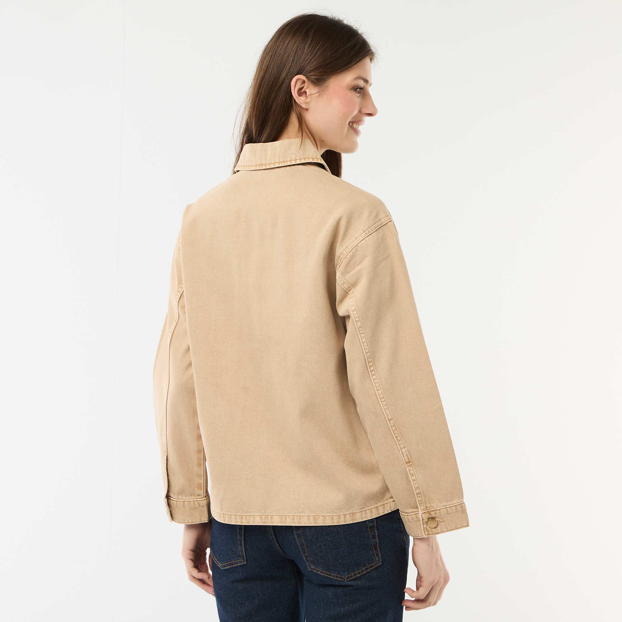 Short Denim Jacket with 2 Patch Pockets BEIGE - Image 4