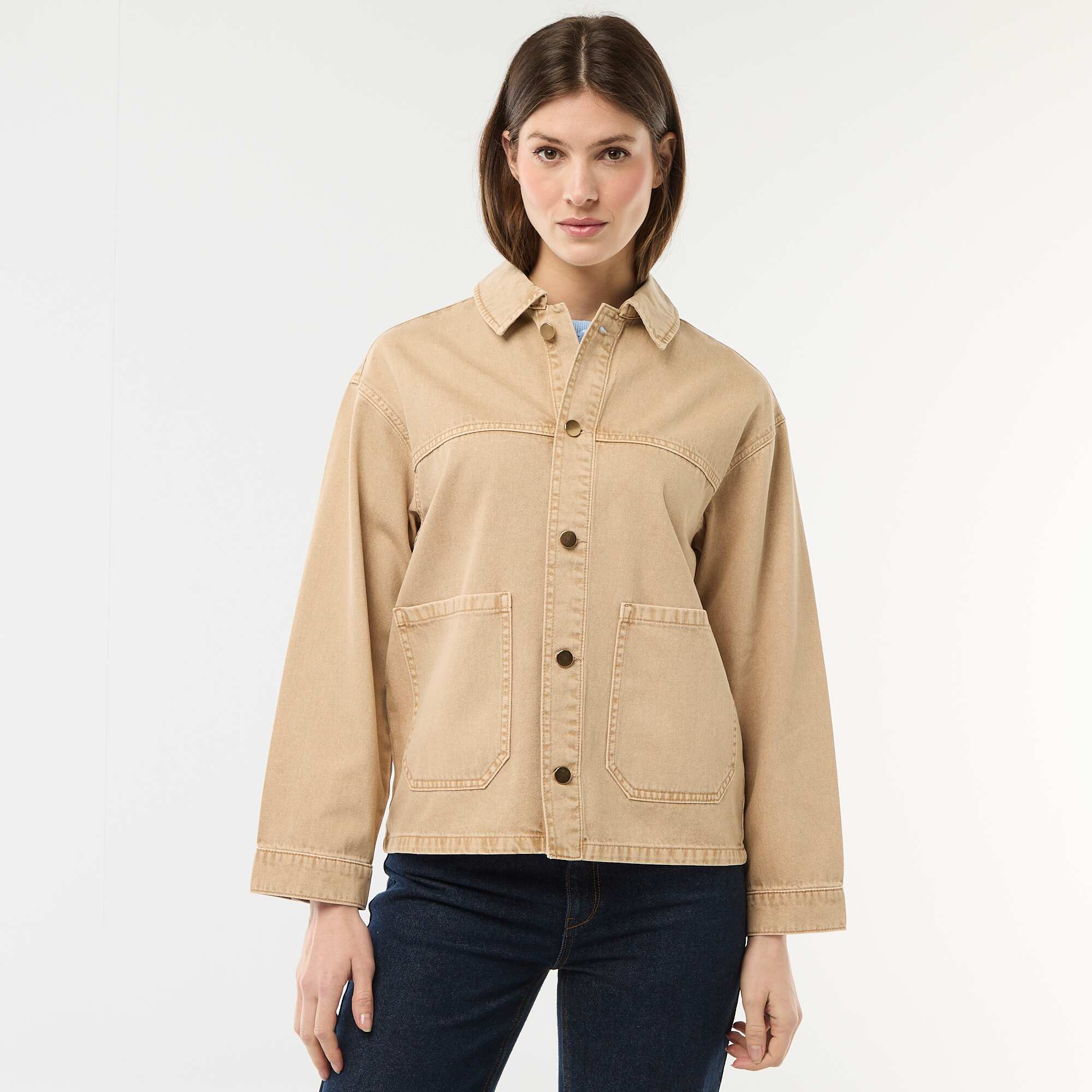 Short Denim Jacket with 2 Patch Pockets BEIGE - Image 5