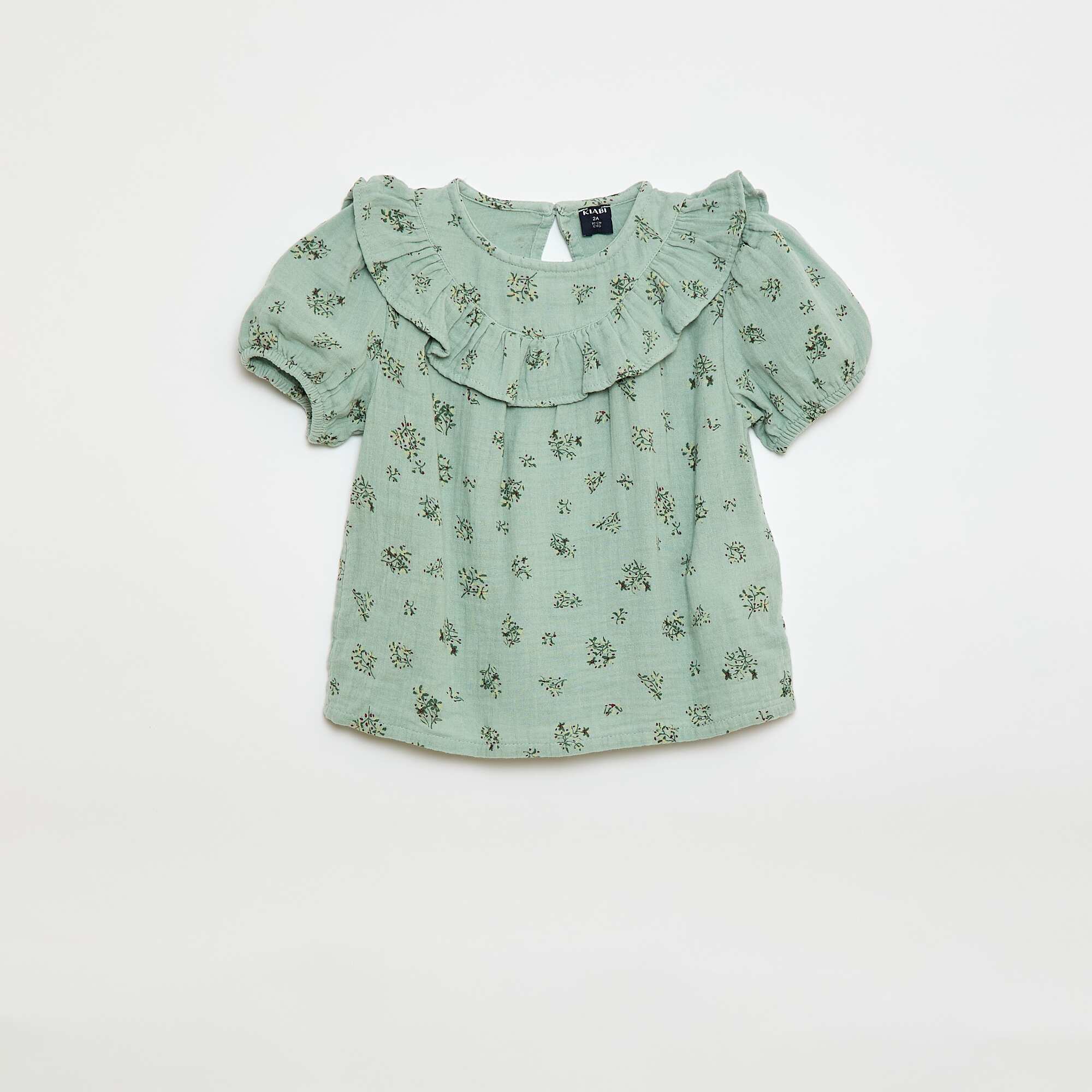 Short-Sleeve Cotton Gauze Print Blouse GREEN