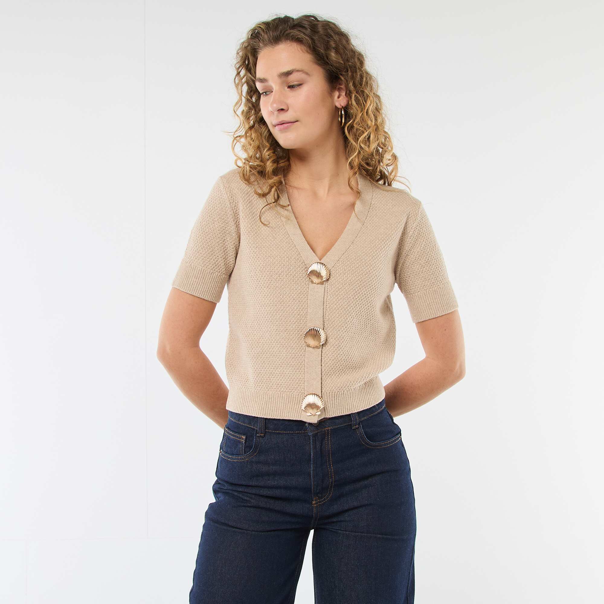 Short-Sleeved Cardigan with Decorative Buttons BEIGE