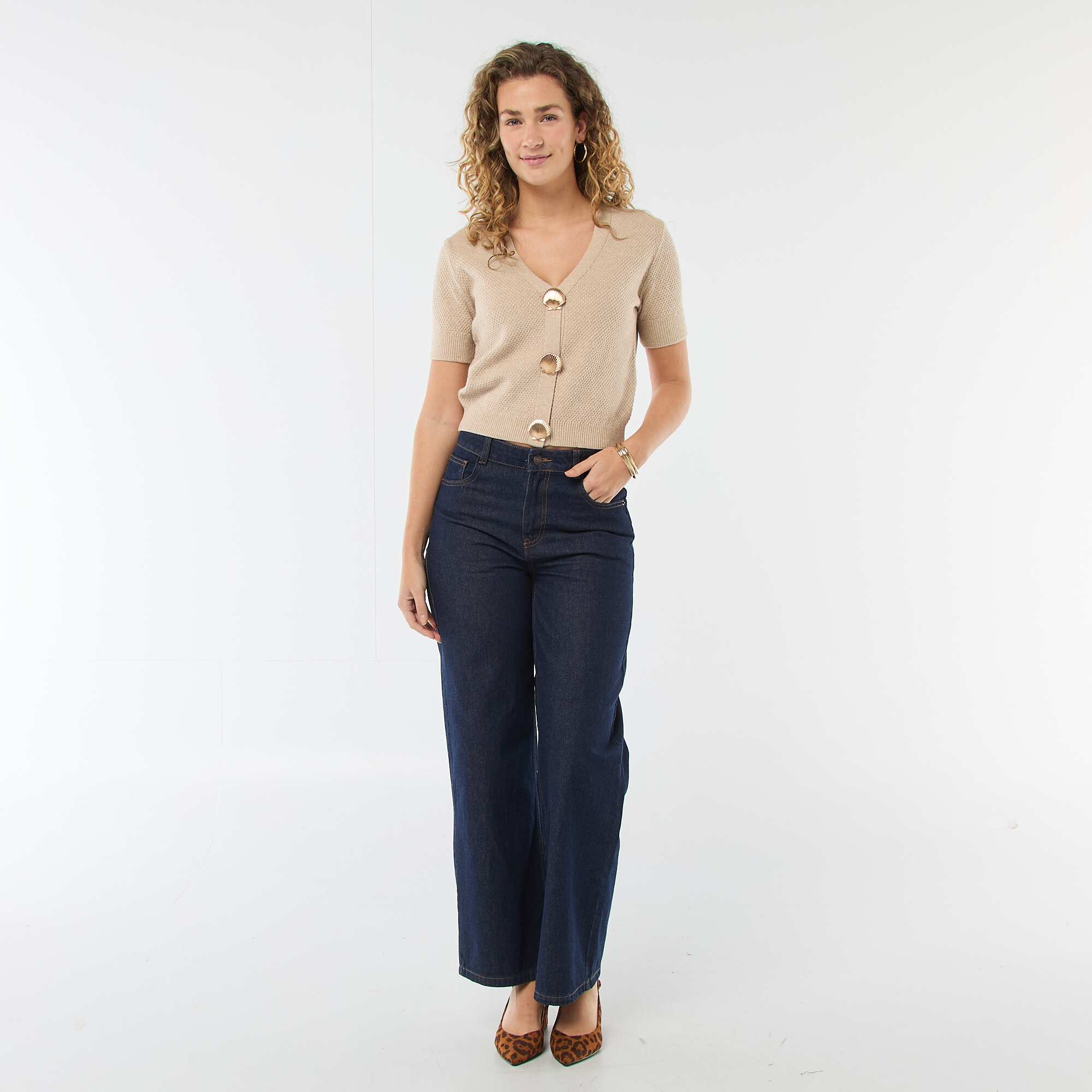 Short-Sleeved Cardigan with Decorative Buttons BEIGE - Image 2