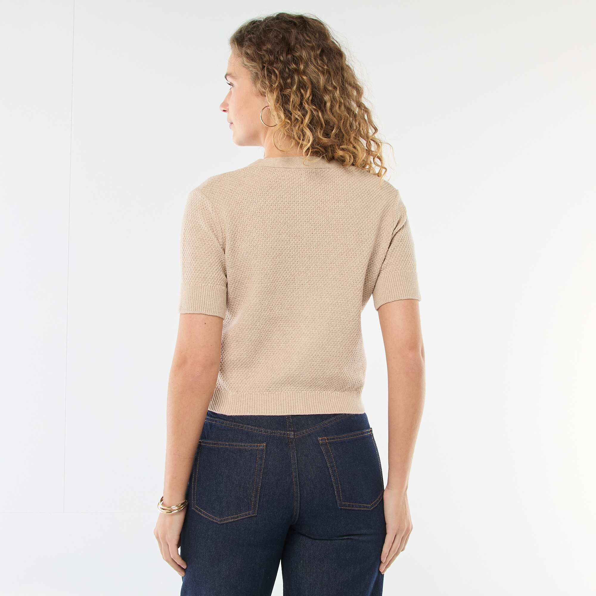 Short-Sleeved Cardigan with Decorative Buttons BEIGE - Image 3
