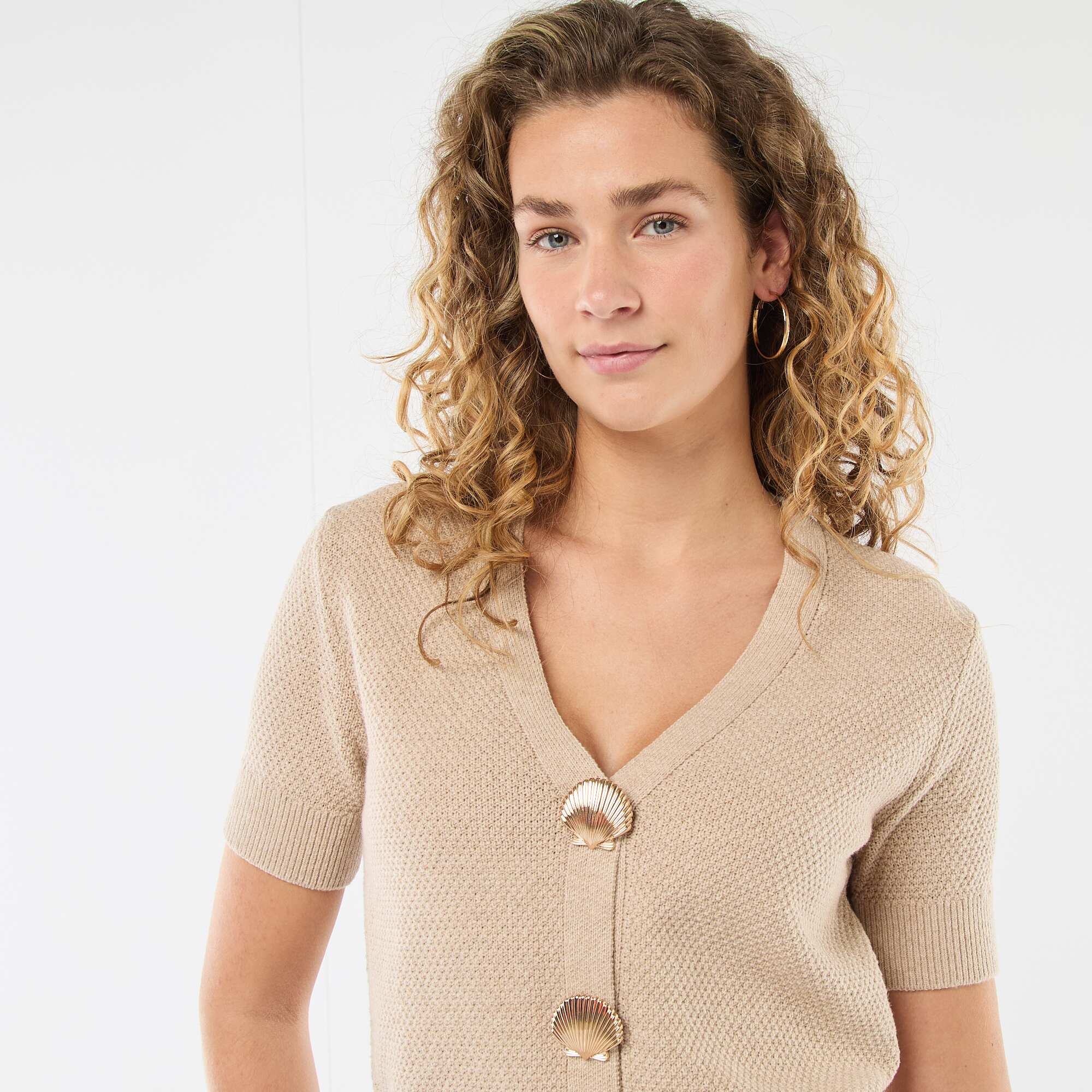 Short-Sleeved Cardigan with Decorative Buttons BEIGE - Image 4