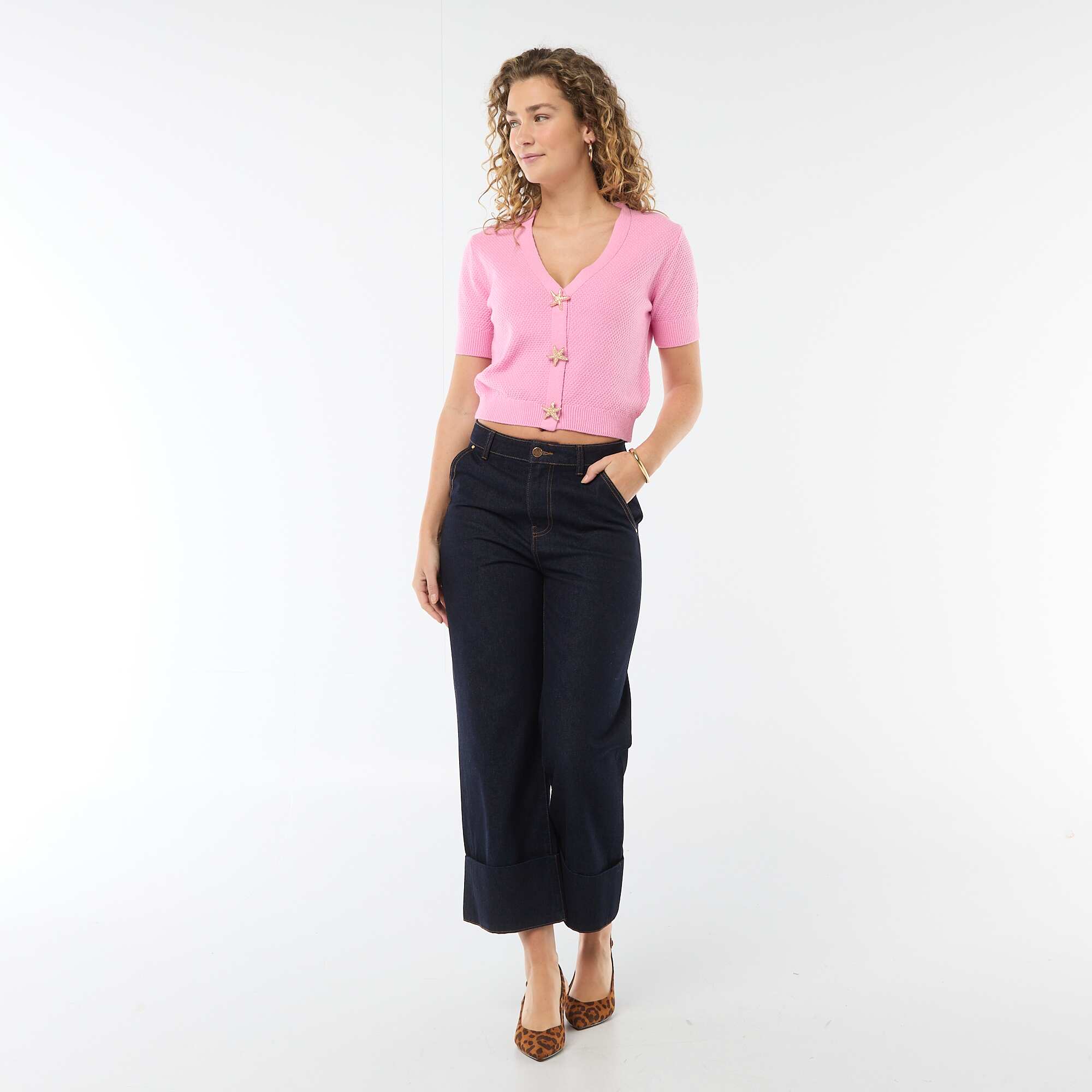Short-Sleeved Cardigan with Decorative Buttons PINK - Image 2