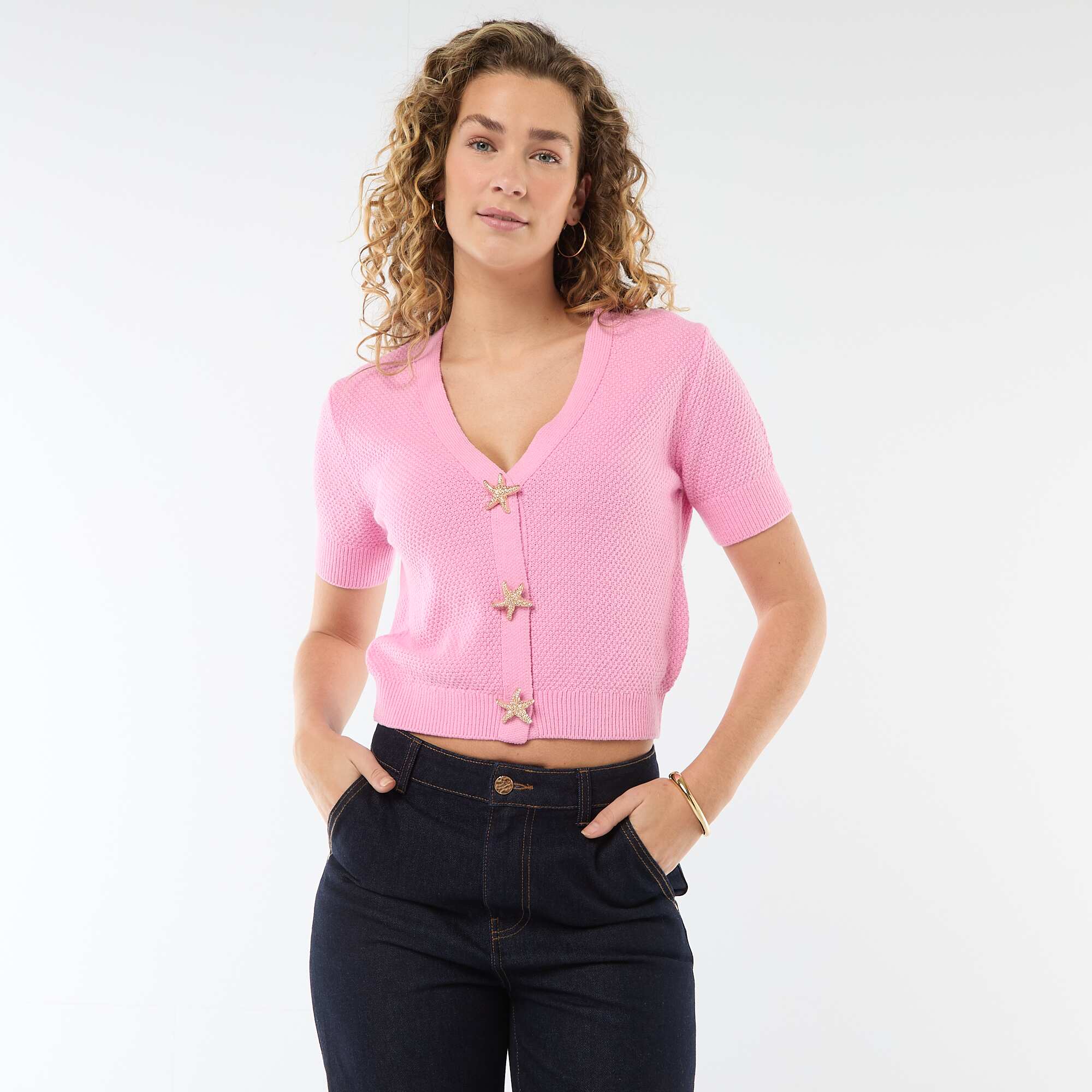Short-Sleeved Cardigan with Decorative Buttons PINK - Image 3