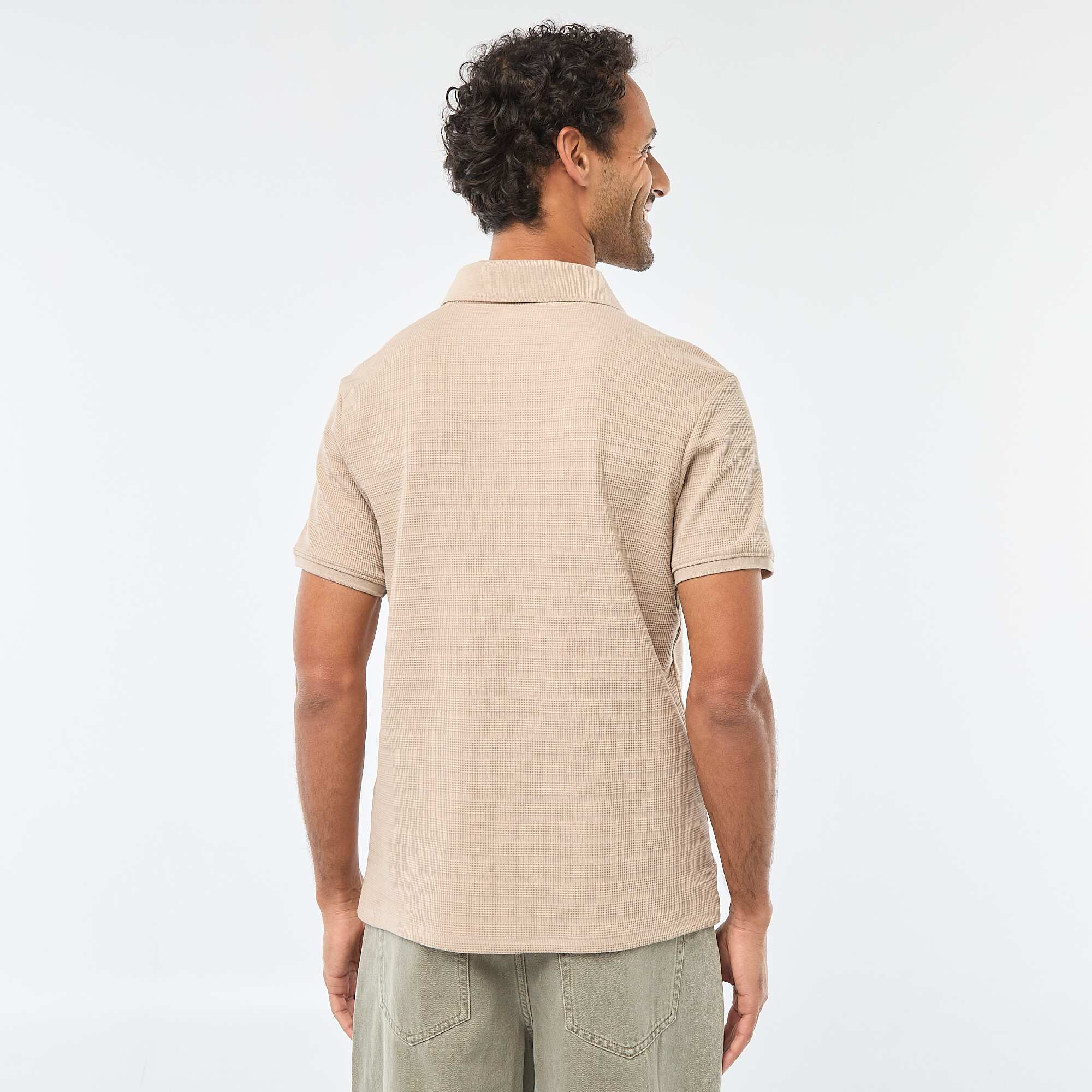 Short-Sleeved Cotton Piqué Polo Shirt BEIGE - Image 3