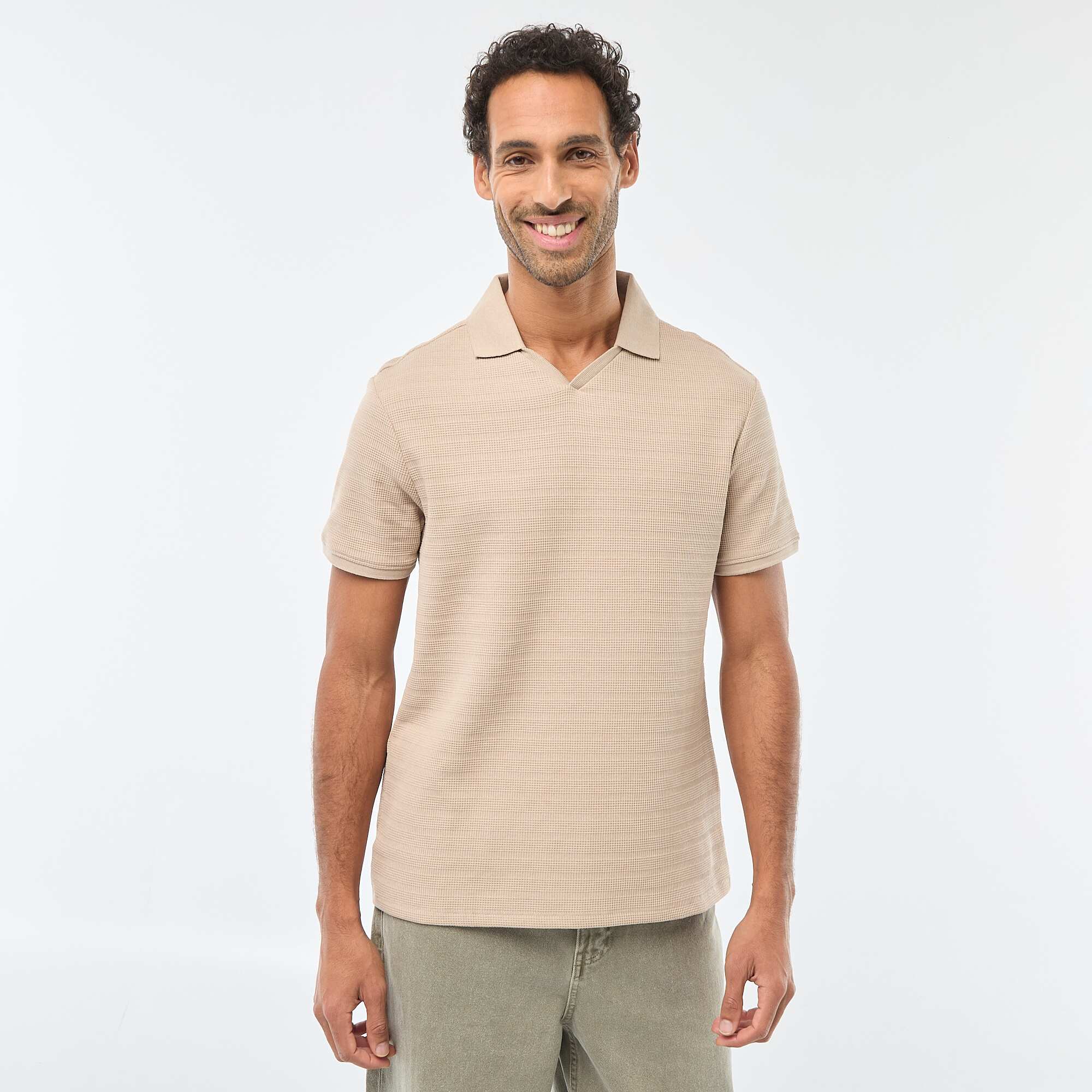 Short-Sleeved Cotton Piqué Polo Shirt BEIGE - Image 4