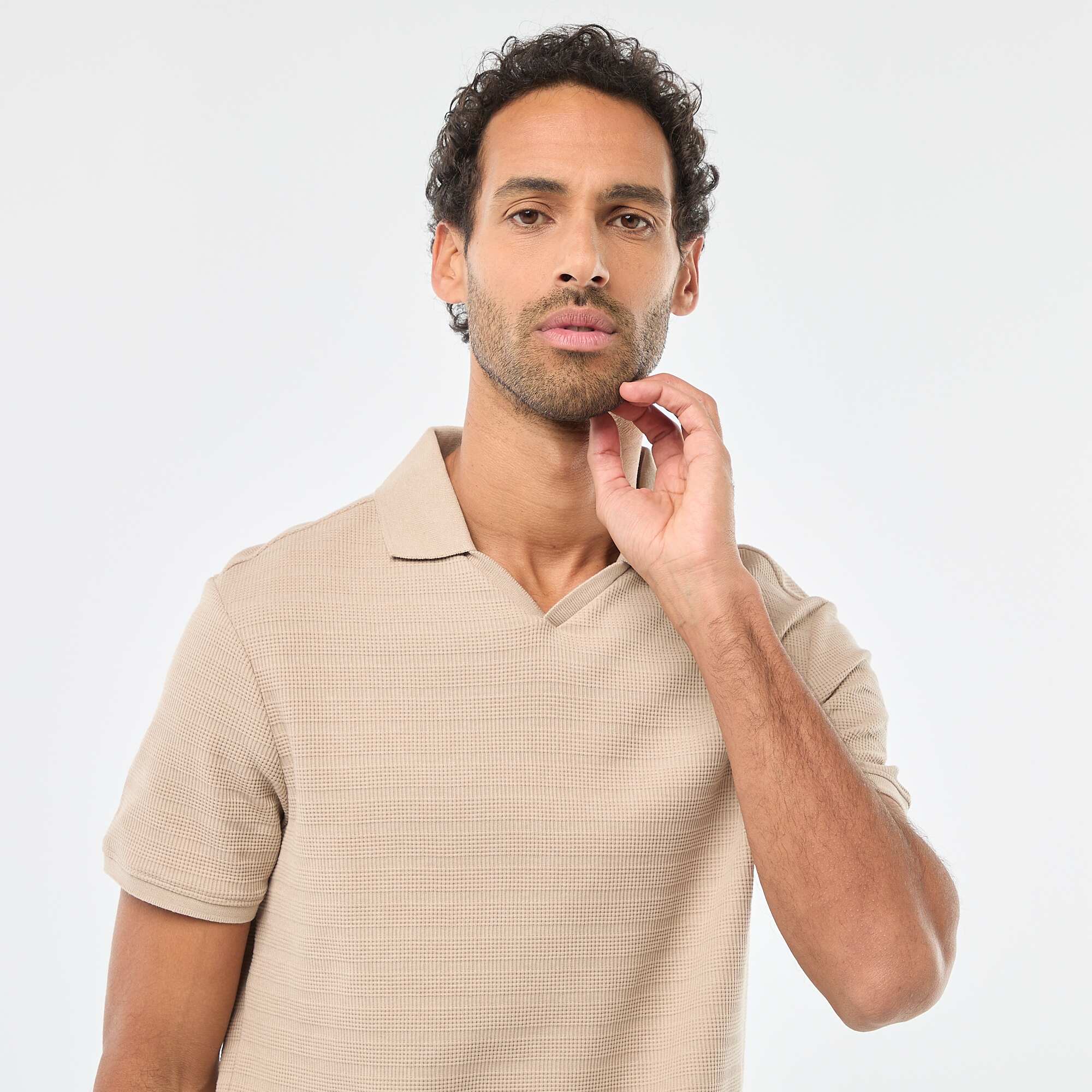 Short-Sleeved Cotton Piqué Polo Shirt BEIGE - Image 5