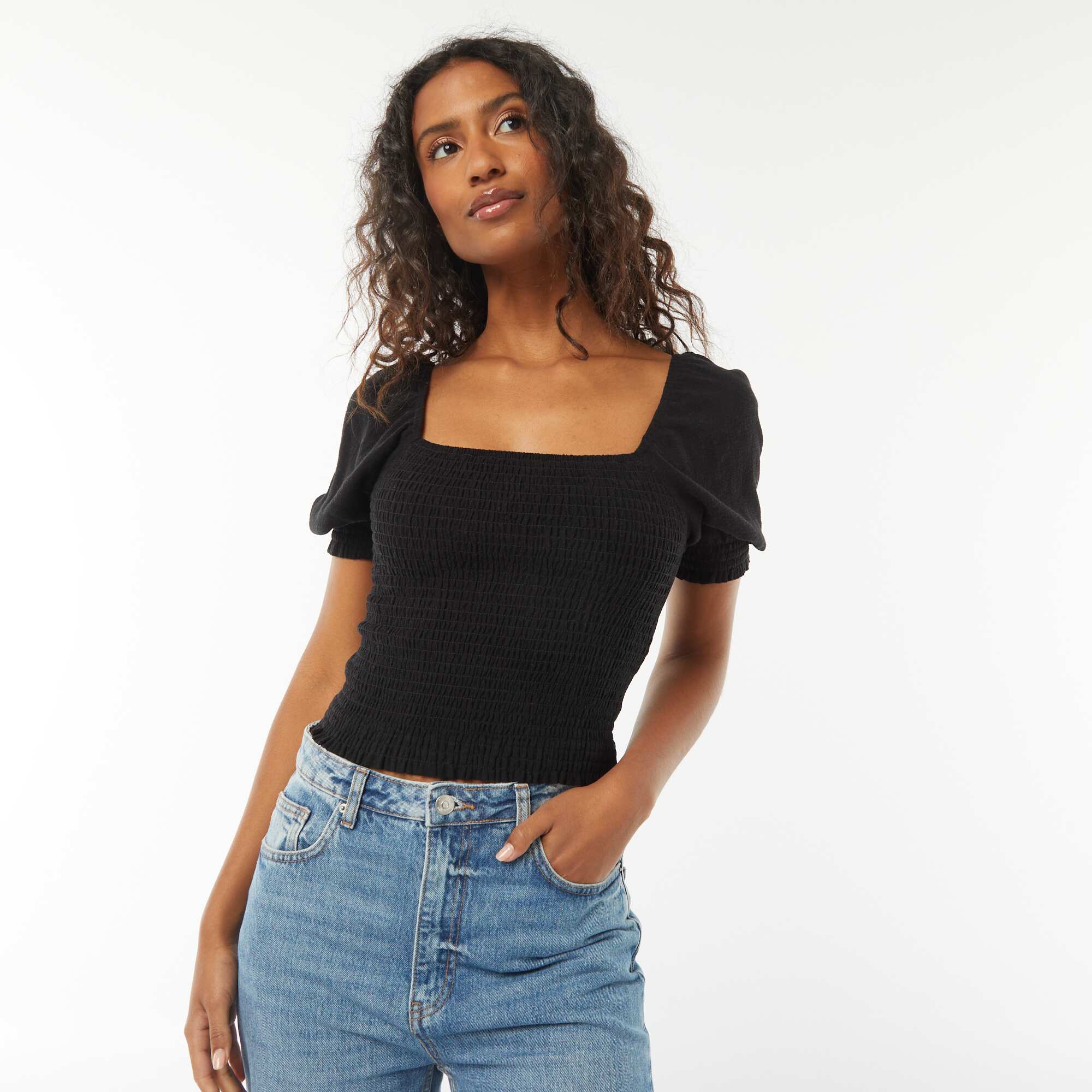 Short-sleeved cropped blouse BLACK