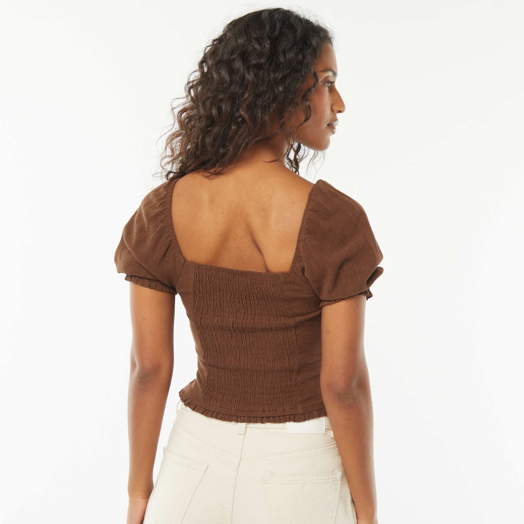 Short-sleeved cropped blouse BROWN - Image 3