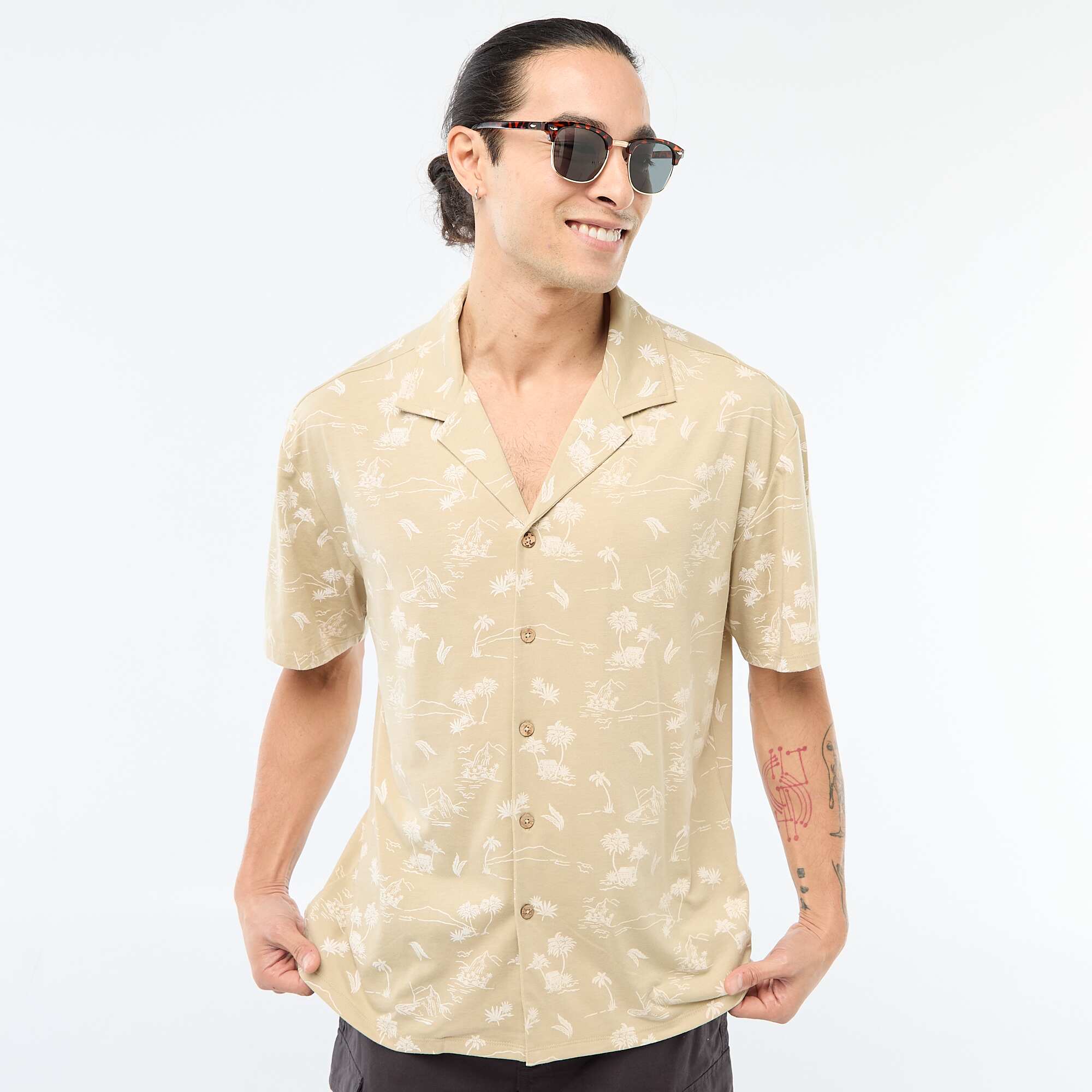Short-Sleeved Patterned Shirt BEIGE