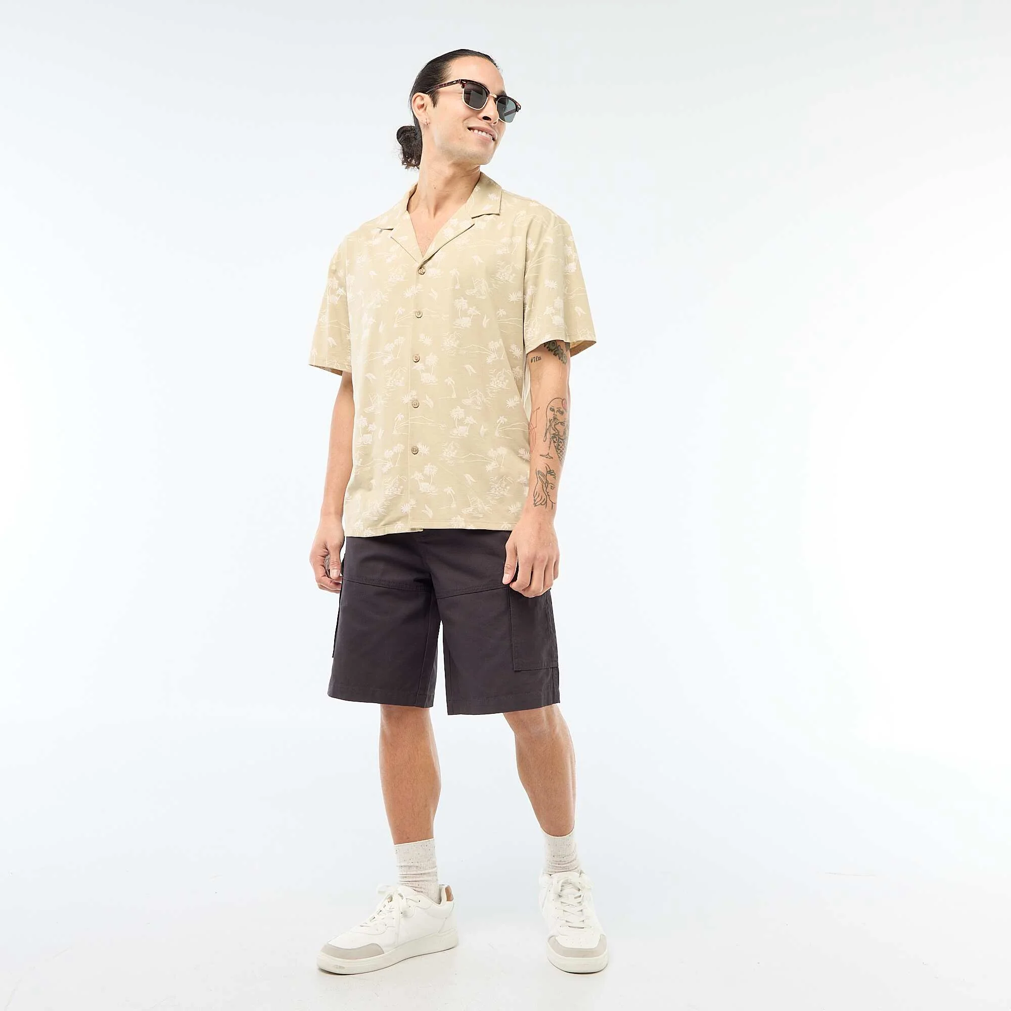 Short-Sleeved Patterned Shirt BEIGE - Image 2