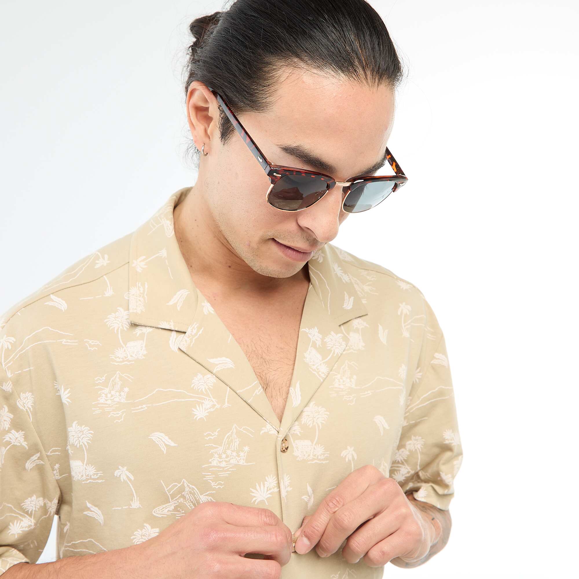 Short-Sleeved Patterned Shirt BEIGE - Image 3