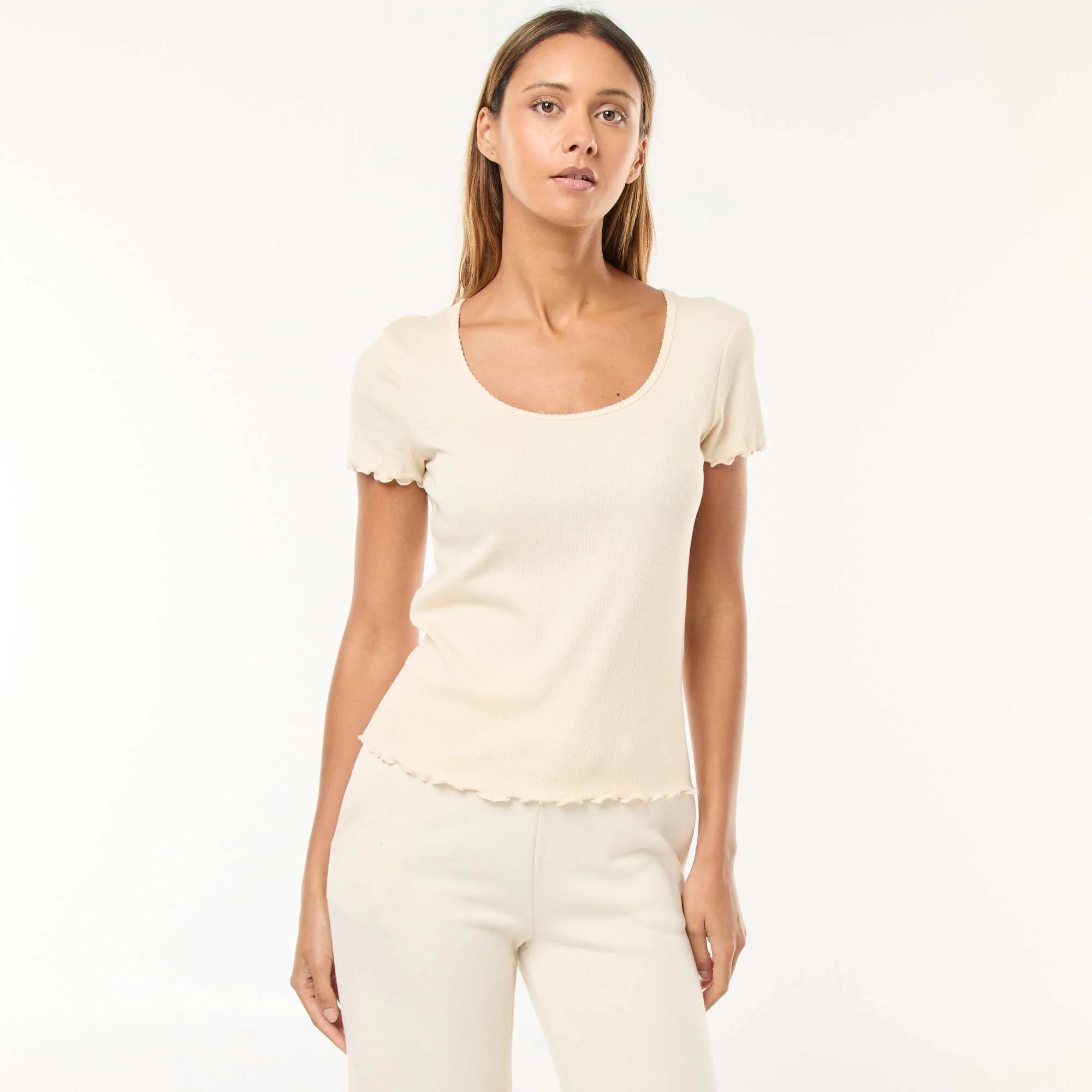 Short-sleeved ribbed knit plain T-shirt WHITE