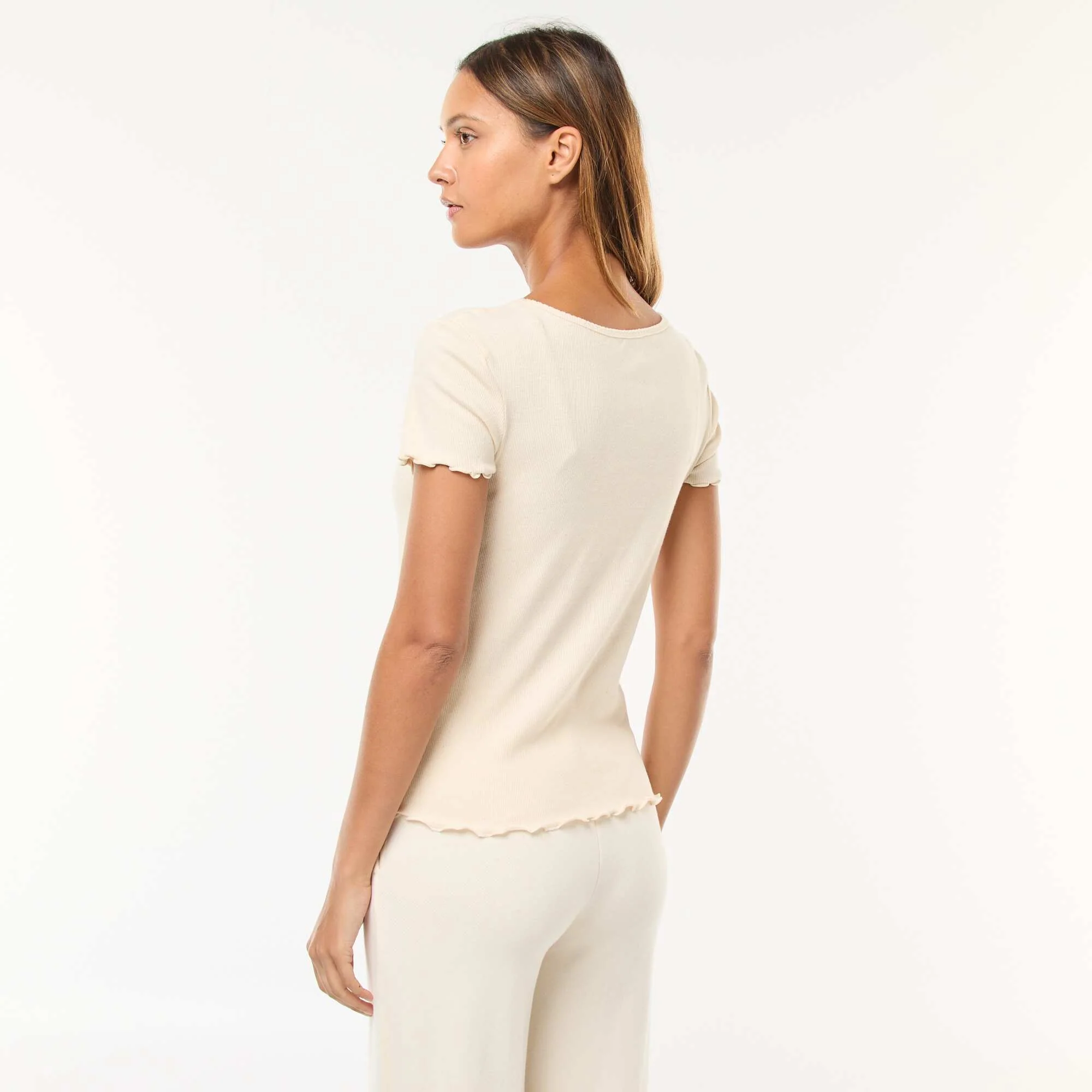 Short-sleeved ribbed knit plain T-shirt WHITE - Image 3