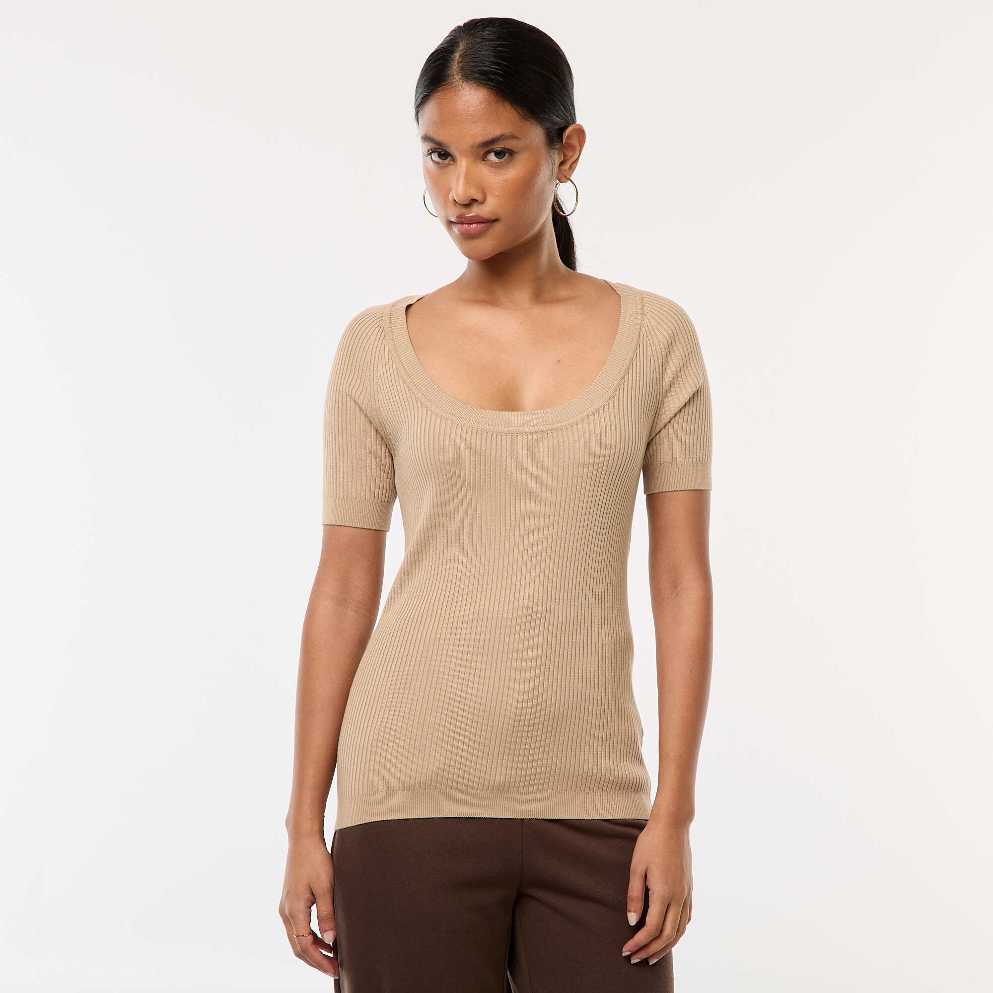 Short-sleeved ribbed sweater with scoop round neckline BEIGE - Image 5