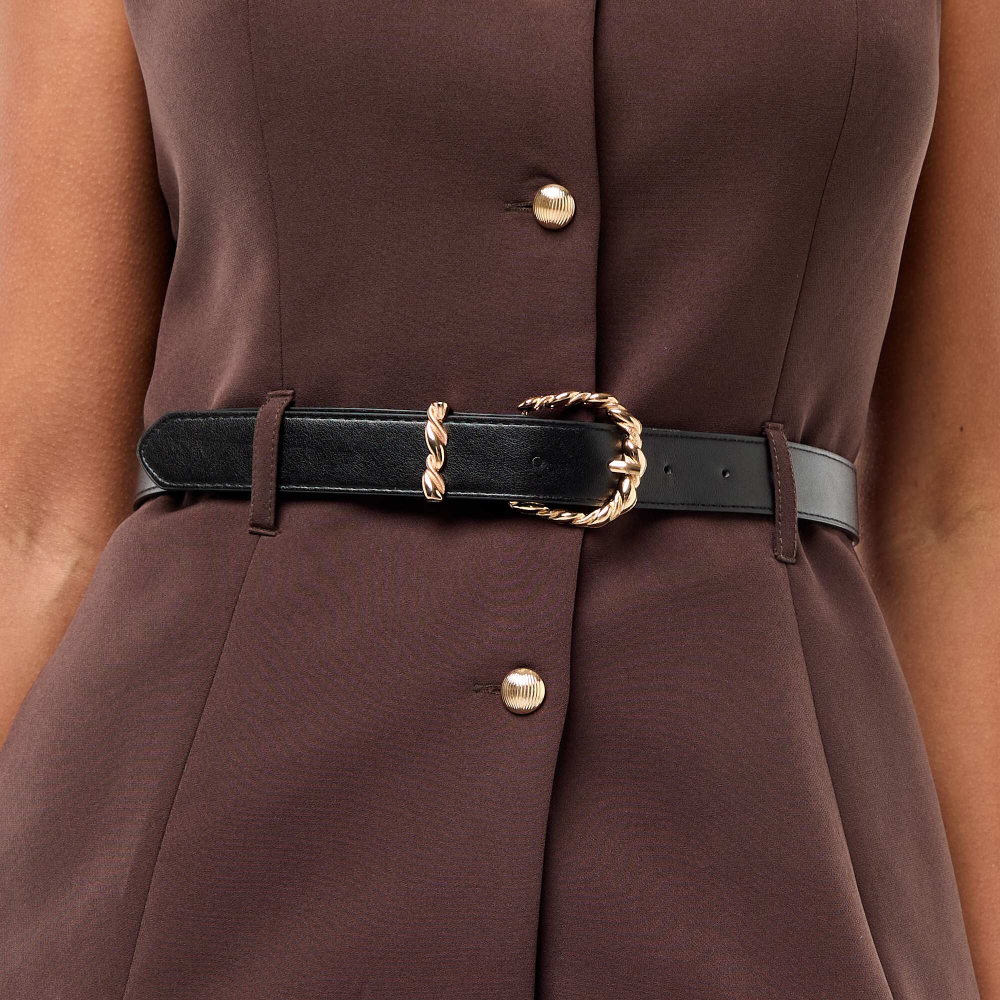 Sleeveless Tailored Vest with Belt BROWN - Image 4