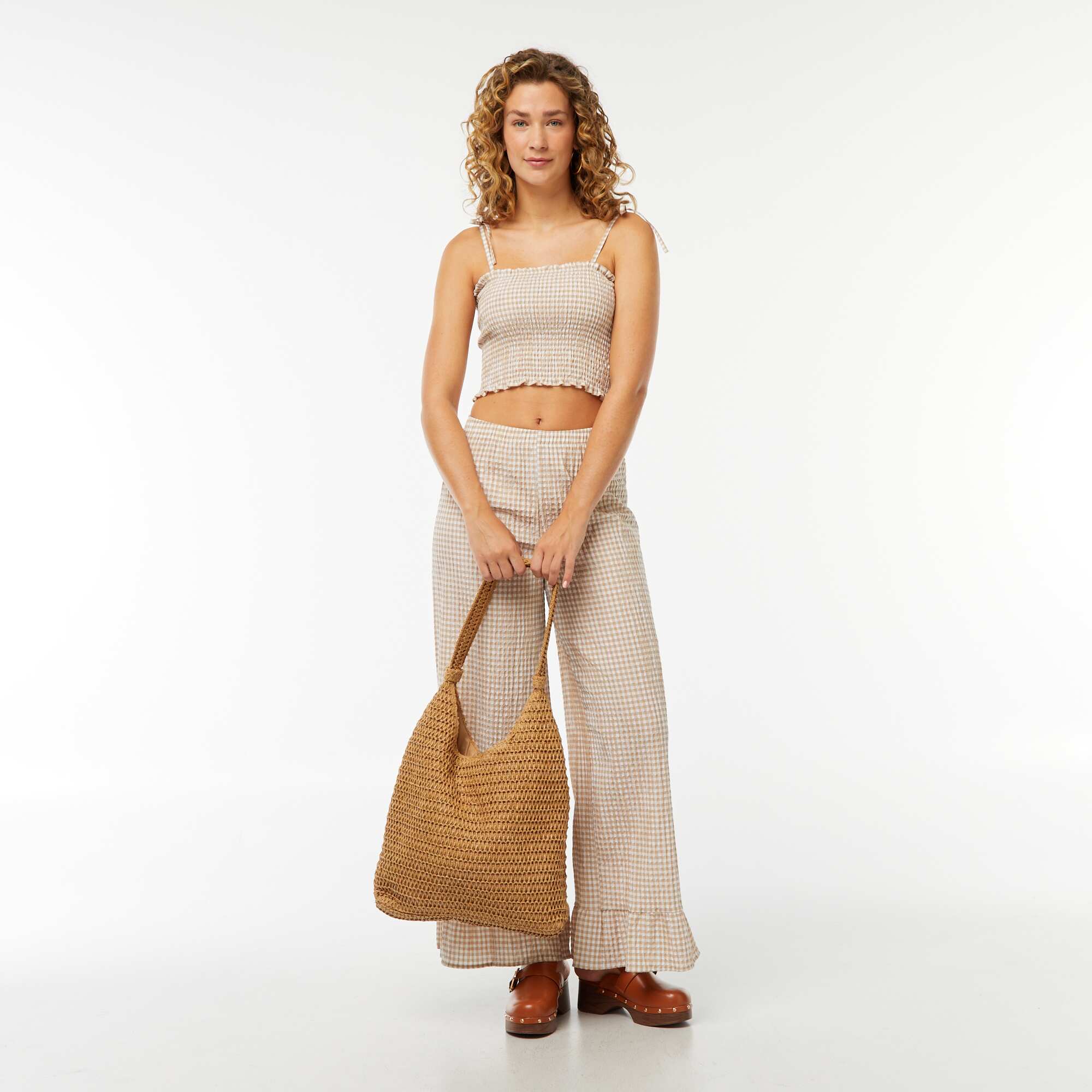 Smocked crop top with gingham checked pattern BEIGE - Image 3