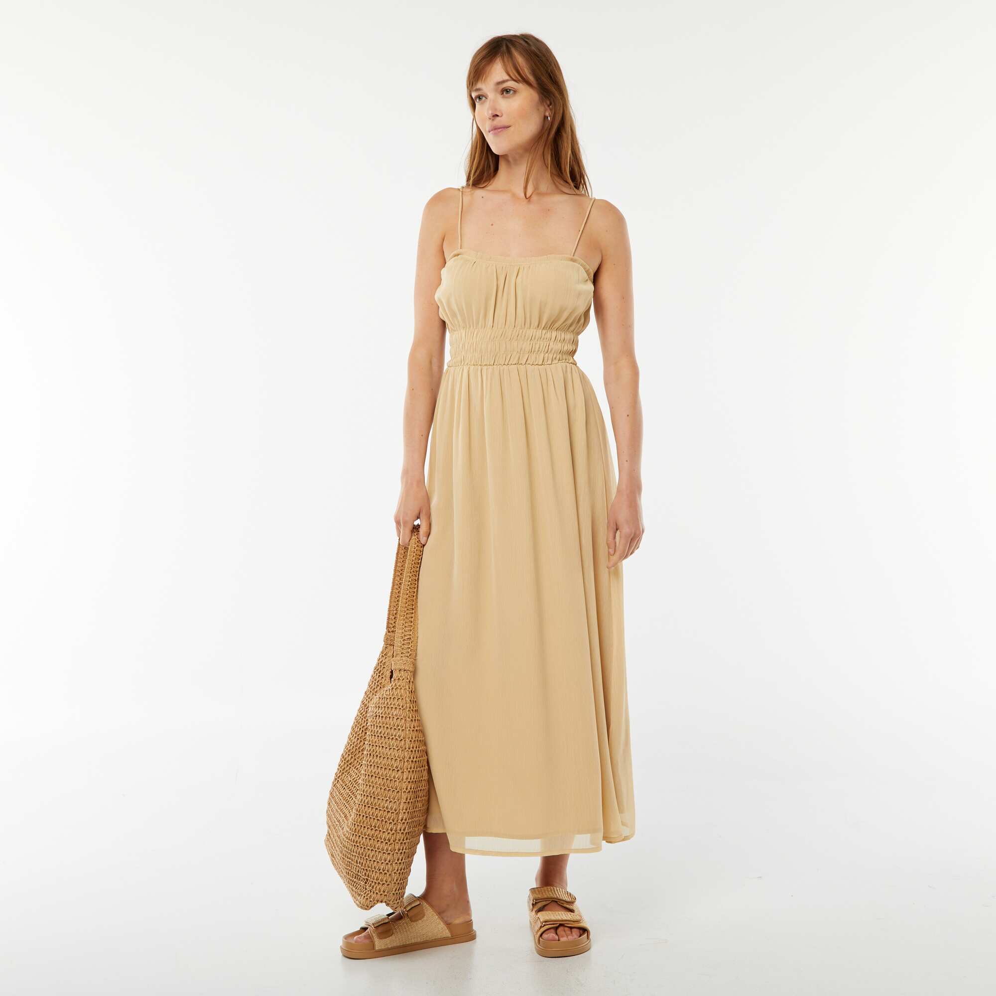 Smocked midi dress with narrow straps BEIGE